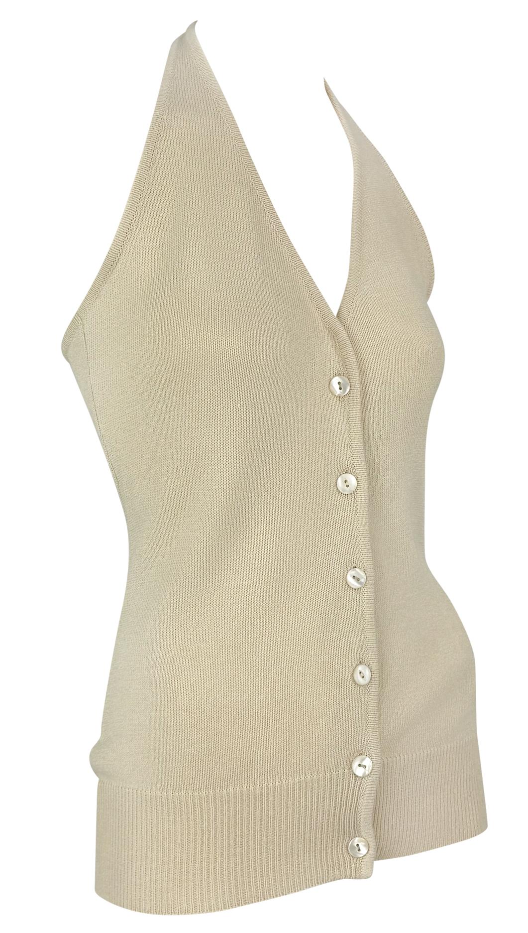 1990s Donna Karan Semi-Sheer Button Up Off-White Halter Neck Stretch Knit Top 2
