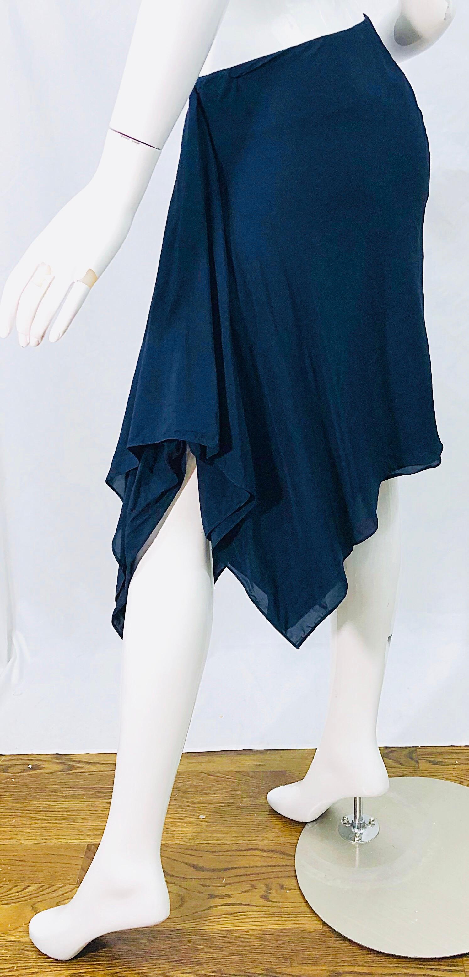 1990s Donna Karan Size 4 Navy Blue Rayon Handkerchief HemVintage 90s Wrap Skirt 5