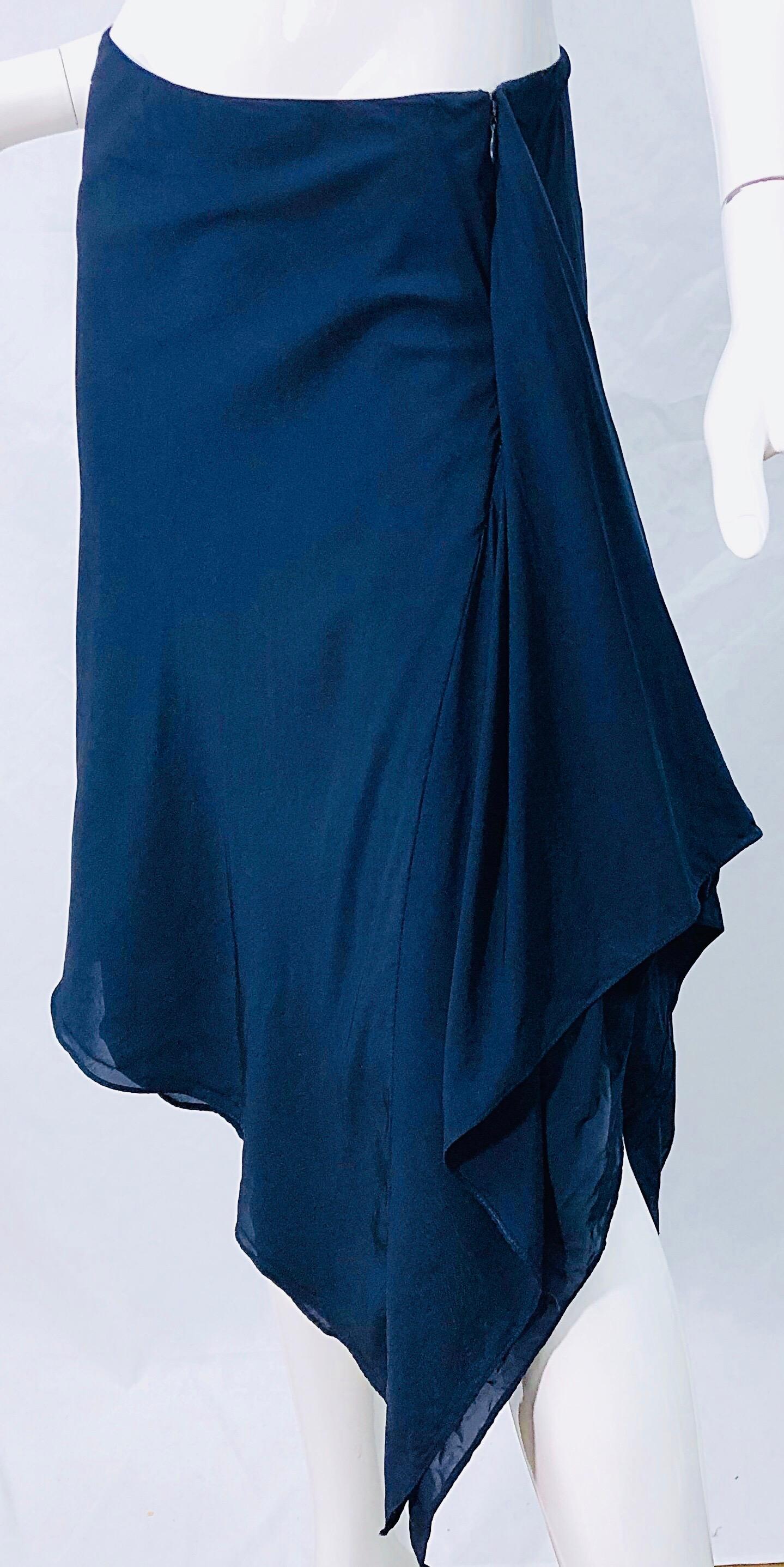 1990s Donna Karan Size 4 Navy Blue Rayon Handkerchief HemVintage 90s Wrap Skirt 6