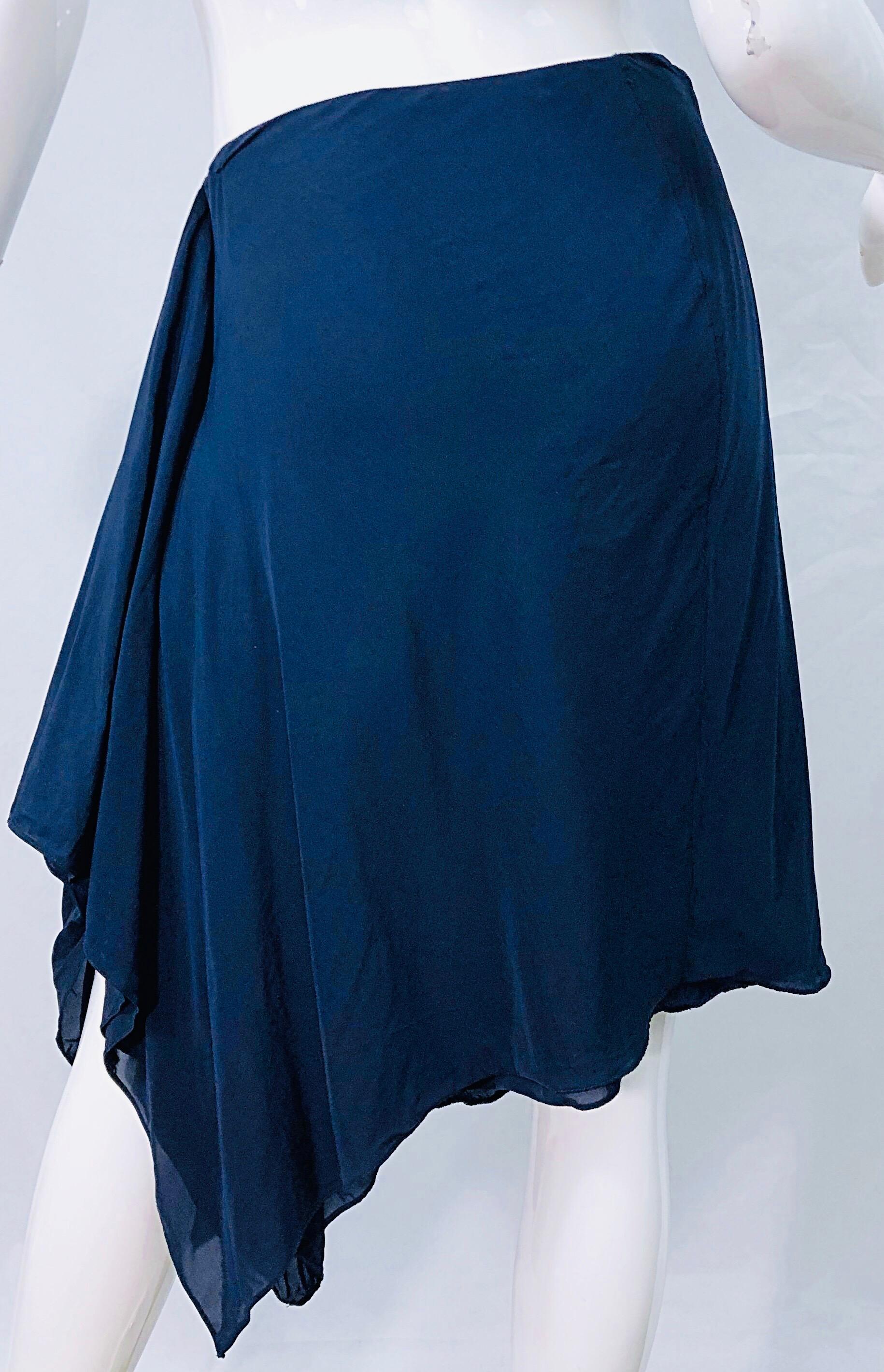 1990s Donna Karan Size 4 Navy Blue Rayon Handkerchief HemVintage 90s Wrap Skirt 7