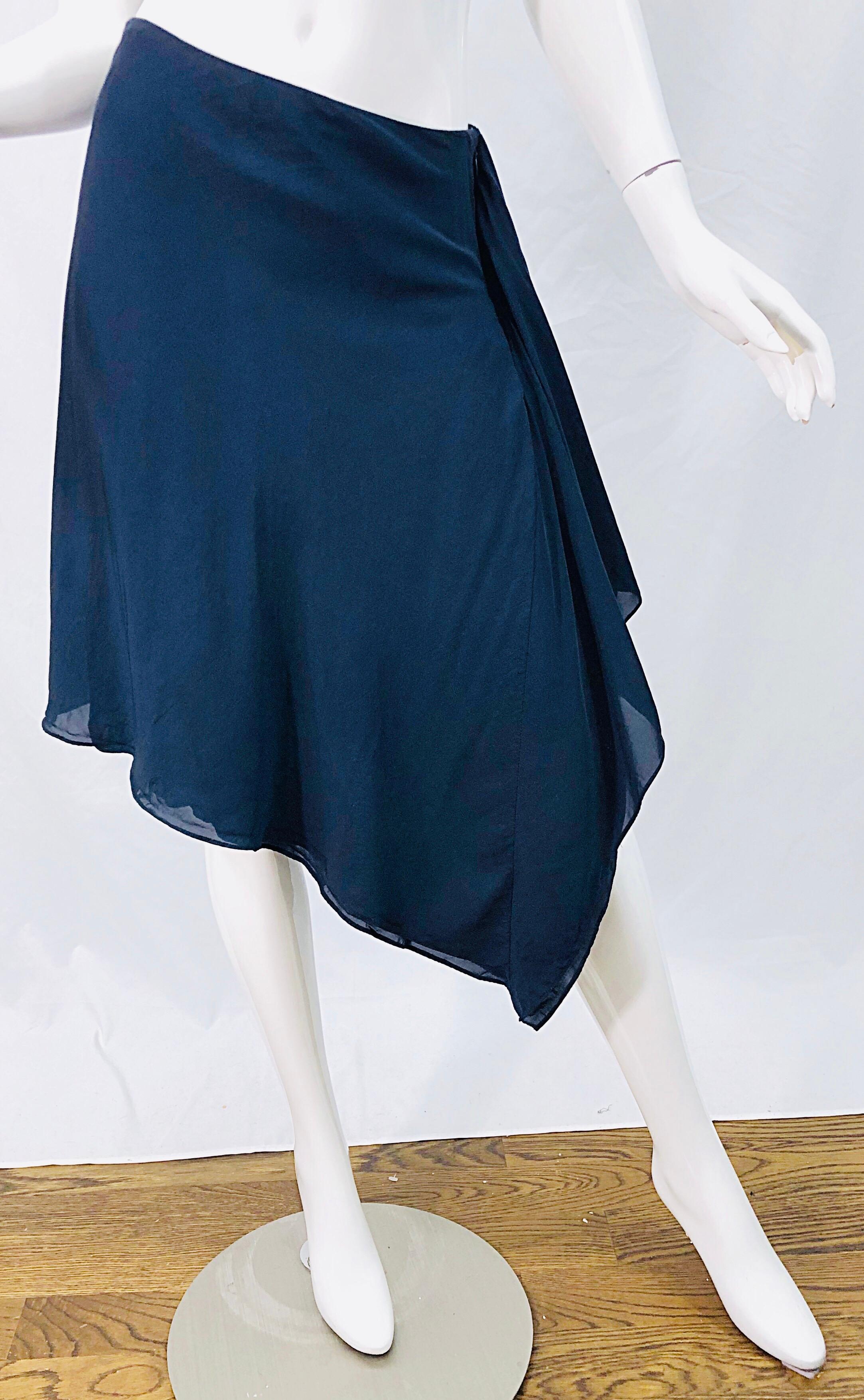 1990s Donna Karan Size 4 Navy Blue Rayon Handkerchief HemVintage 90s Wrap Skirt 8