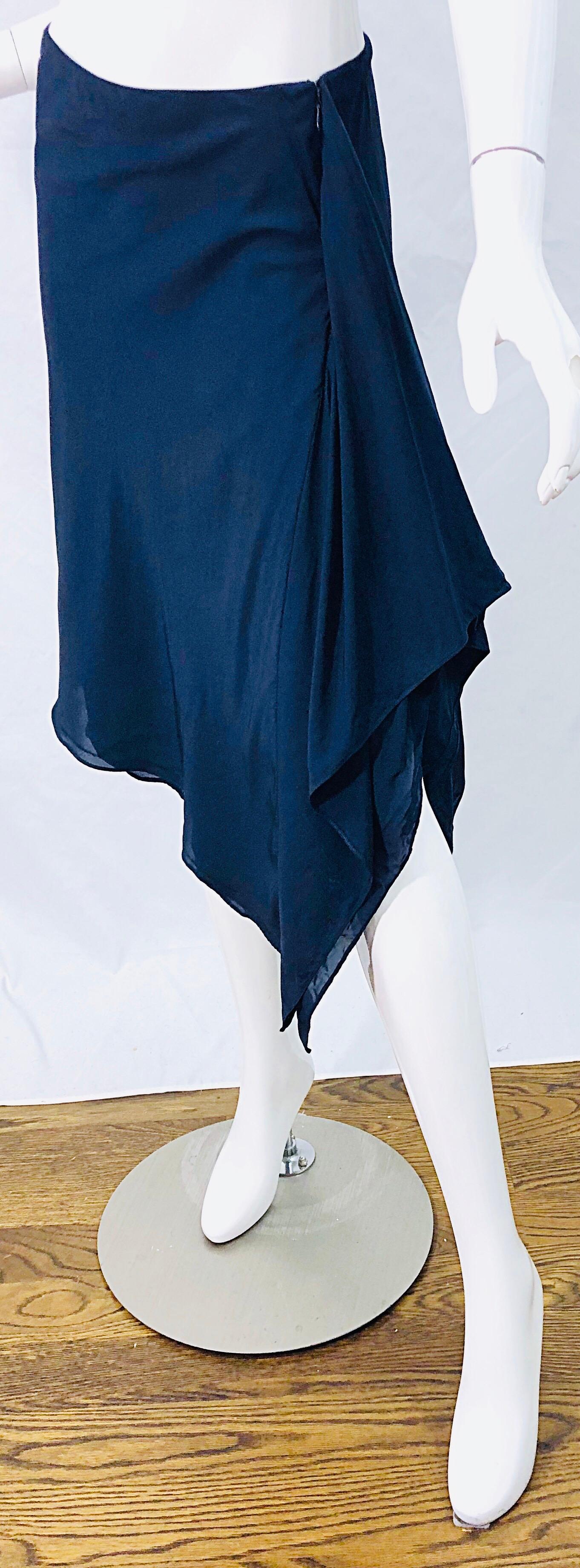 Women's 1990s Donna Karan Size 4 Navy Blue Rayon Handkerchief HemVintage 90s Wrap Skirt