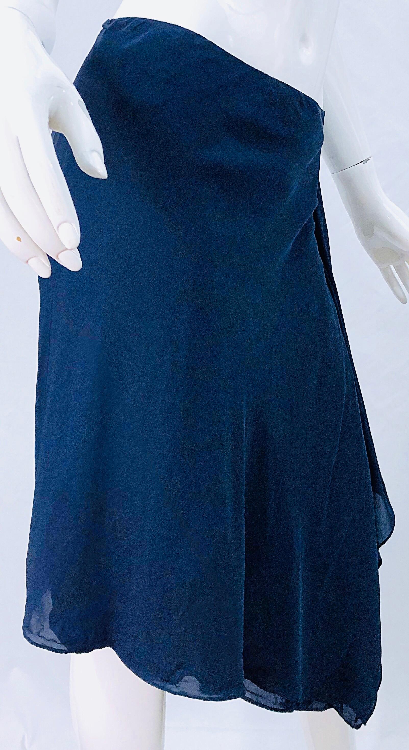 1990s Donna Karan Size 4 Navy Blue Rayon Handkerchief HemVintage 90s Wrap Skirt 1