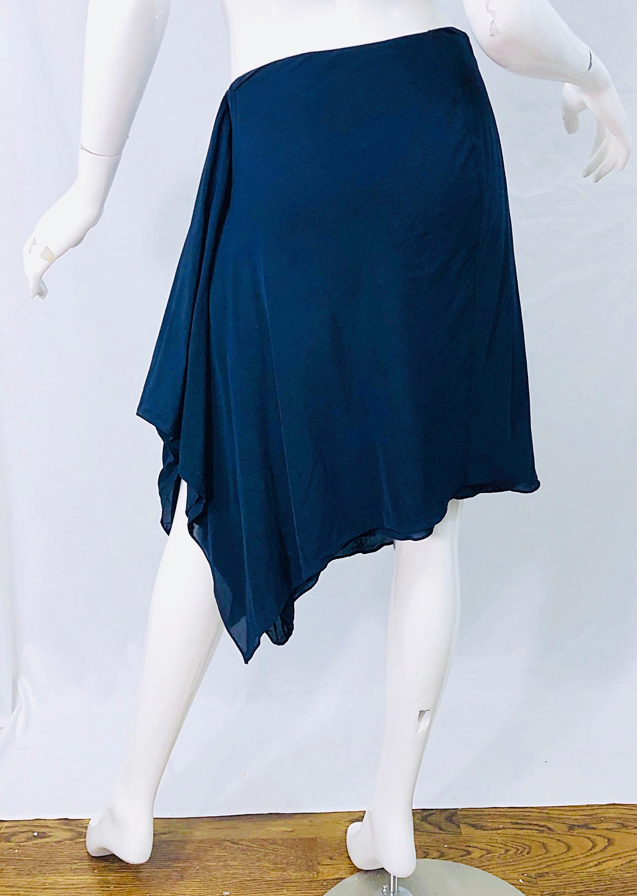 1990s Donna Karan Size 4 Navy Blue Rayon Handkerchief HemVintage 90s Wrap Skirt 2