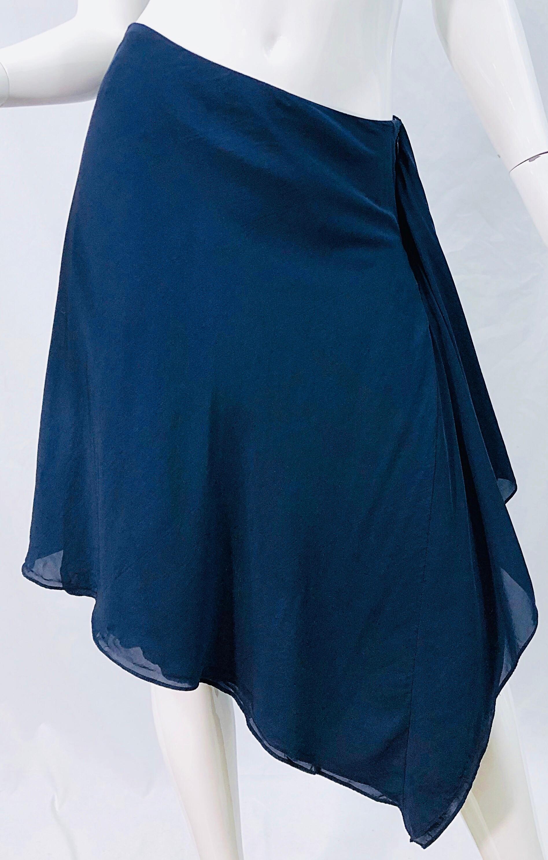 1990s Donna Karan Size 4 Navy Blue Rayon Handkerchief HemVintage 90s Wrap Skirt 3