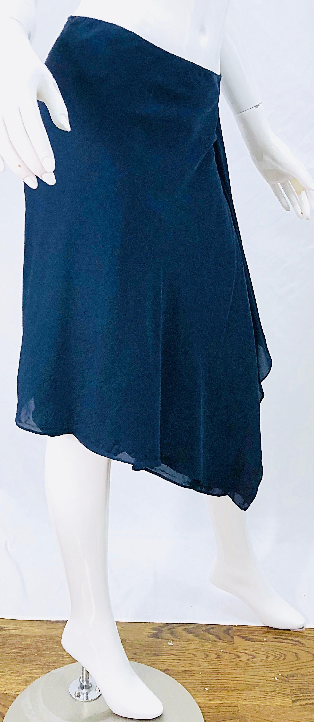 1990s Donna Karan Size 4 Navy Blue Rayon Handkerchief HemVintage 90s Wrap Skirt 4