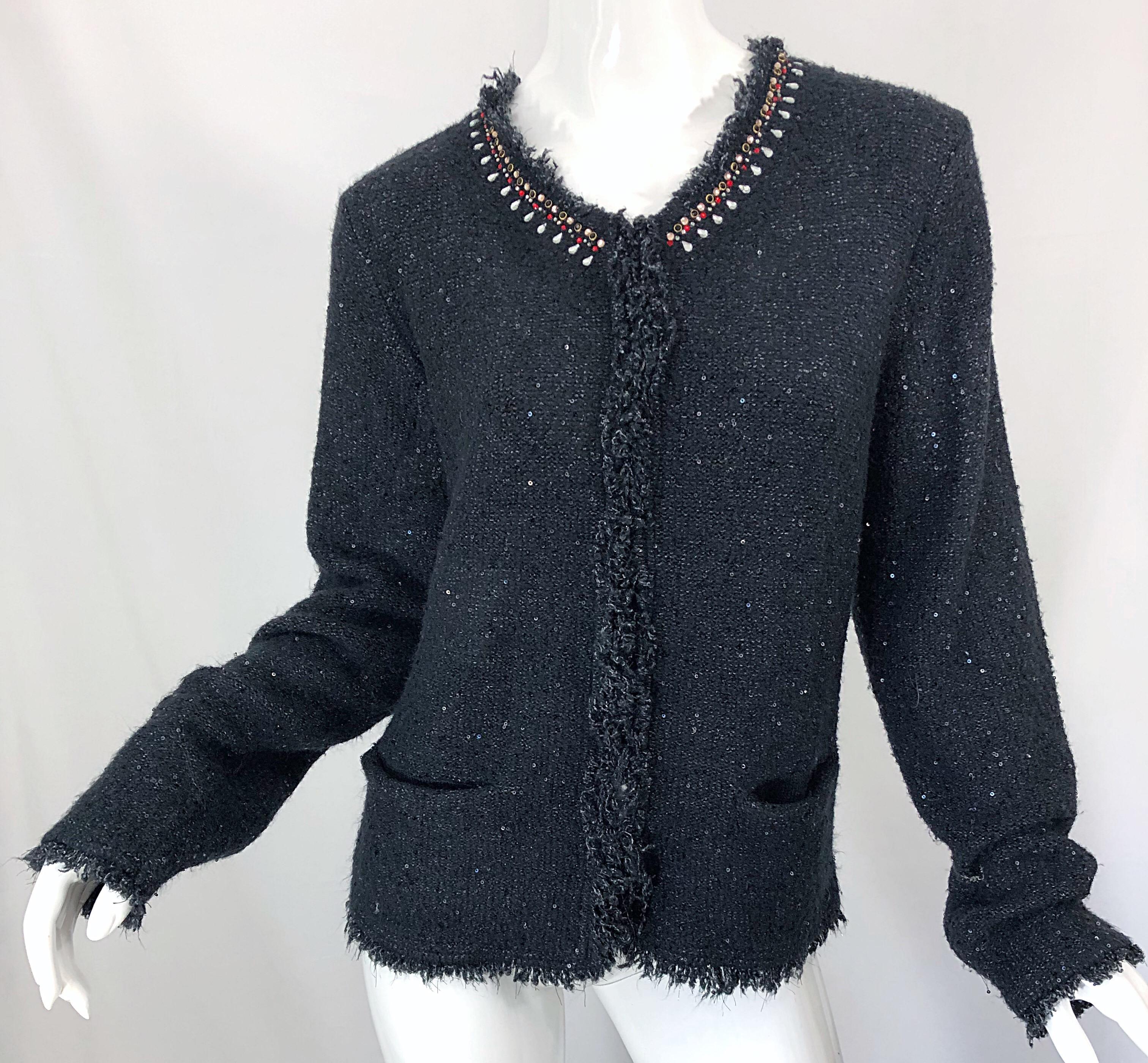 1990s Donna Karan XL Sequined Beaded Rhinestone Vintage Black Cardigan Sweater For Sale 3