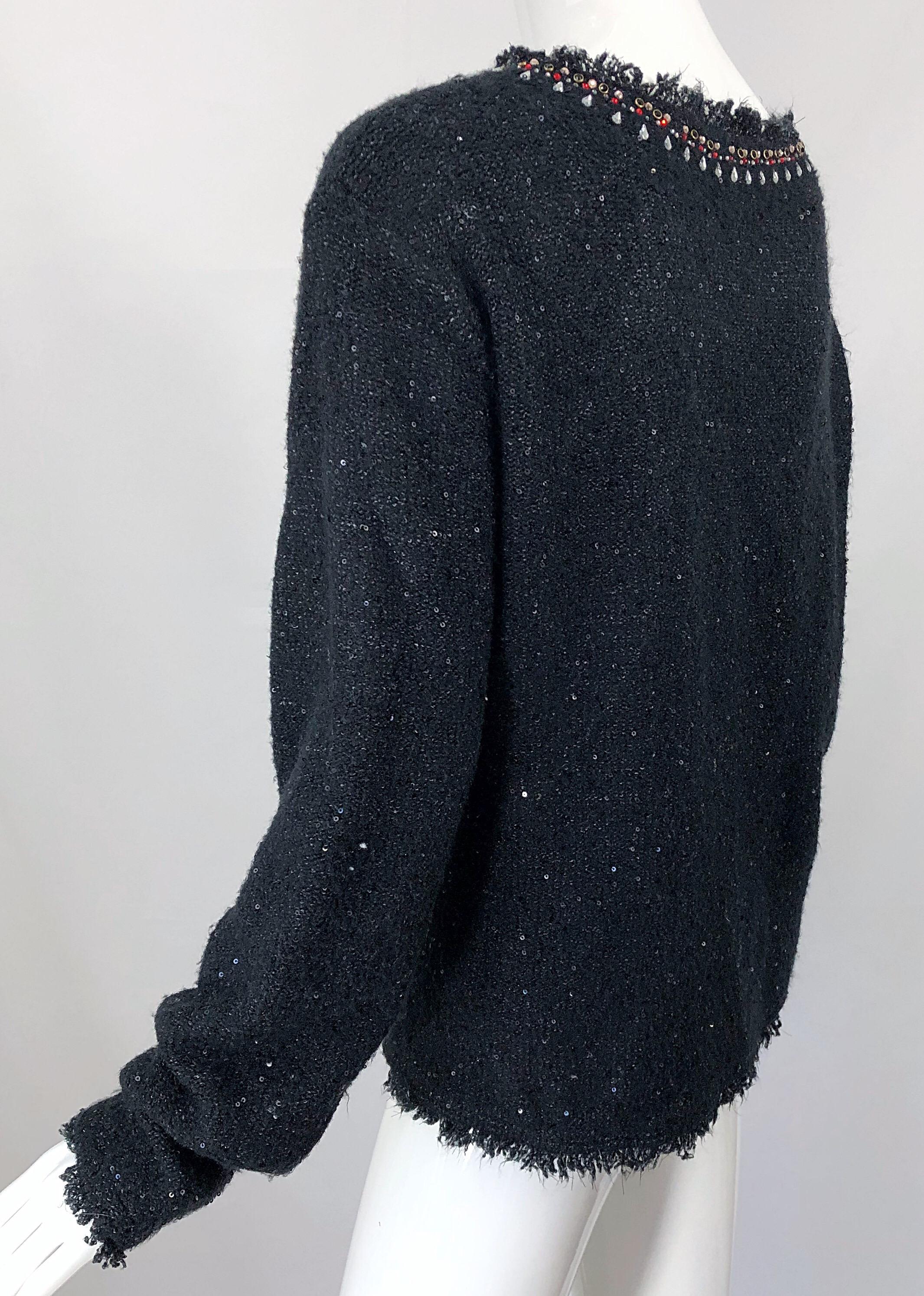 1990s Donna Karan XL Sequined Beaded Rhinestone Vintage Black Cardigan Sweater For Sale 4