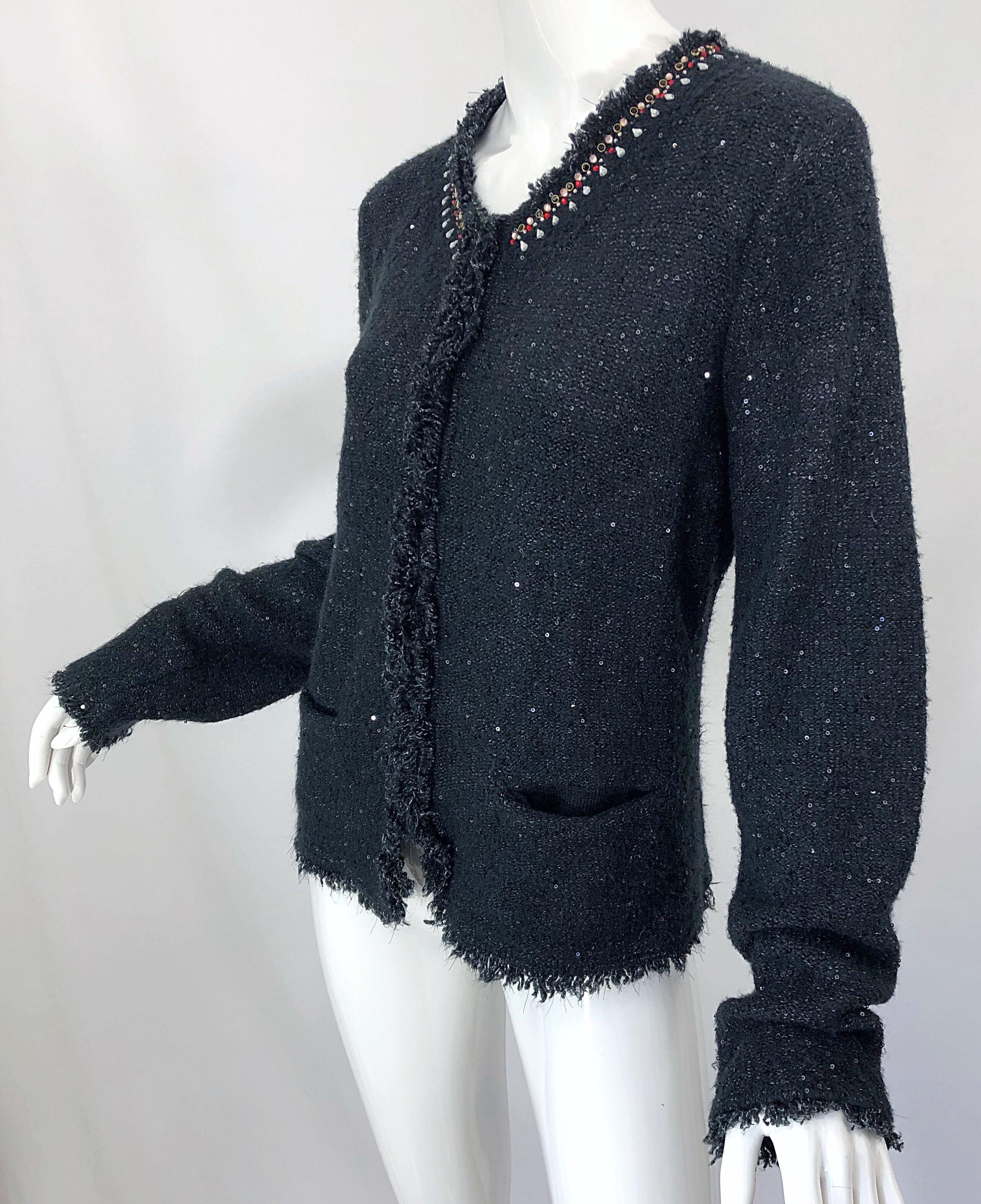 1990s Donna Karan XL Sequined Beaded Rhinestone Vintage Black Cardigan Sweater For Sale 6