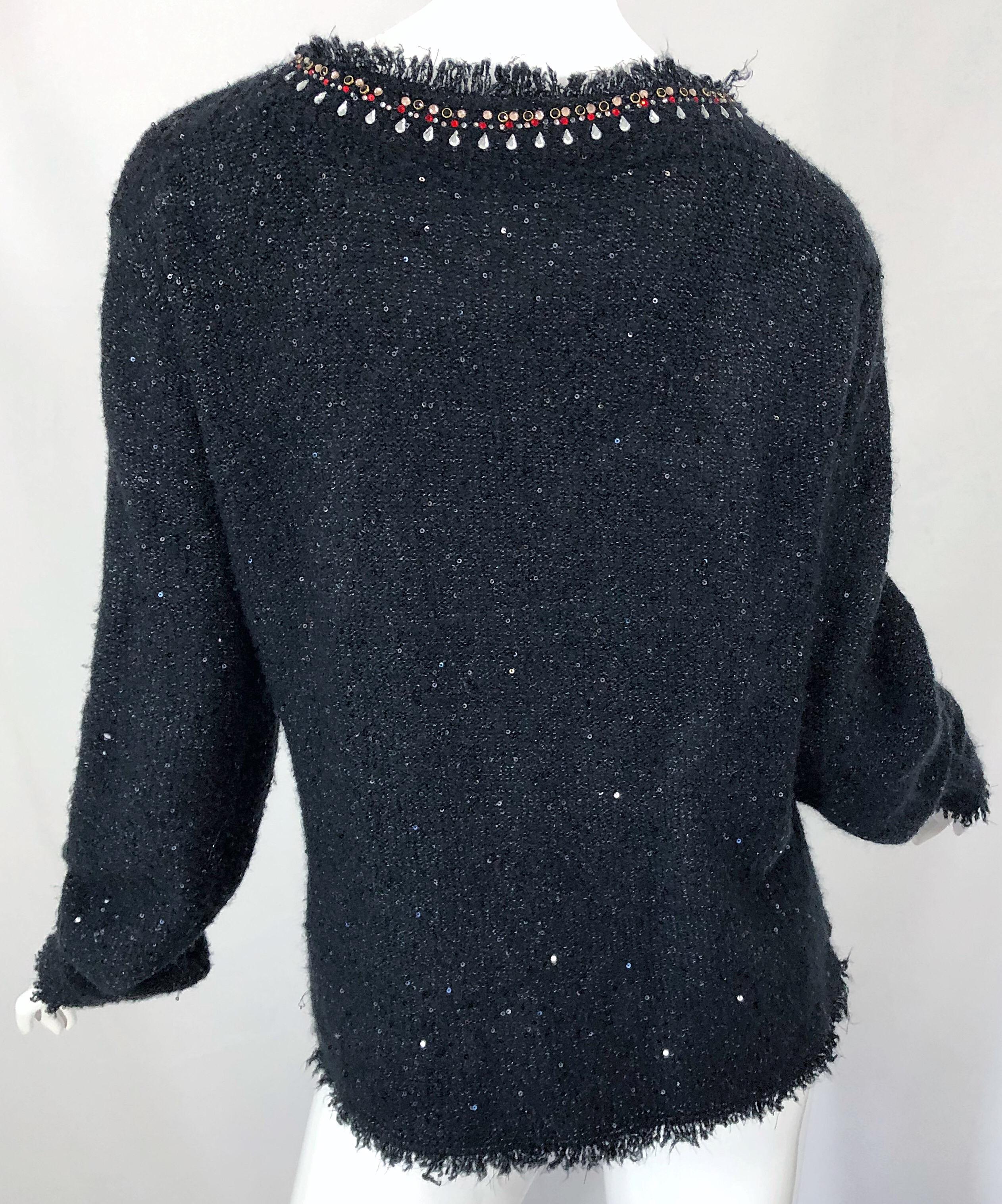 1990s Donna Karan XL Sequined Beaded Rhinestone Vintage Black Cardigan Sweater For Sale 7