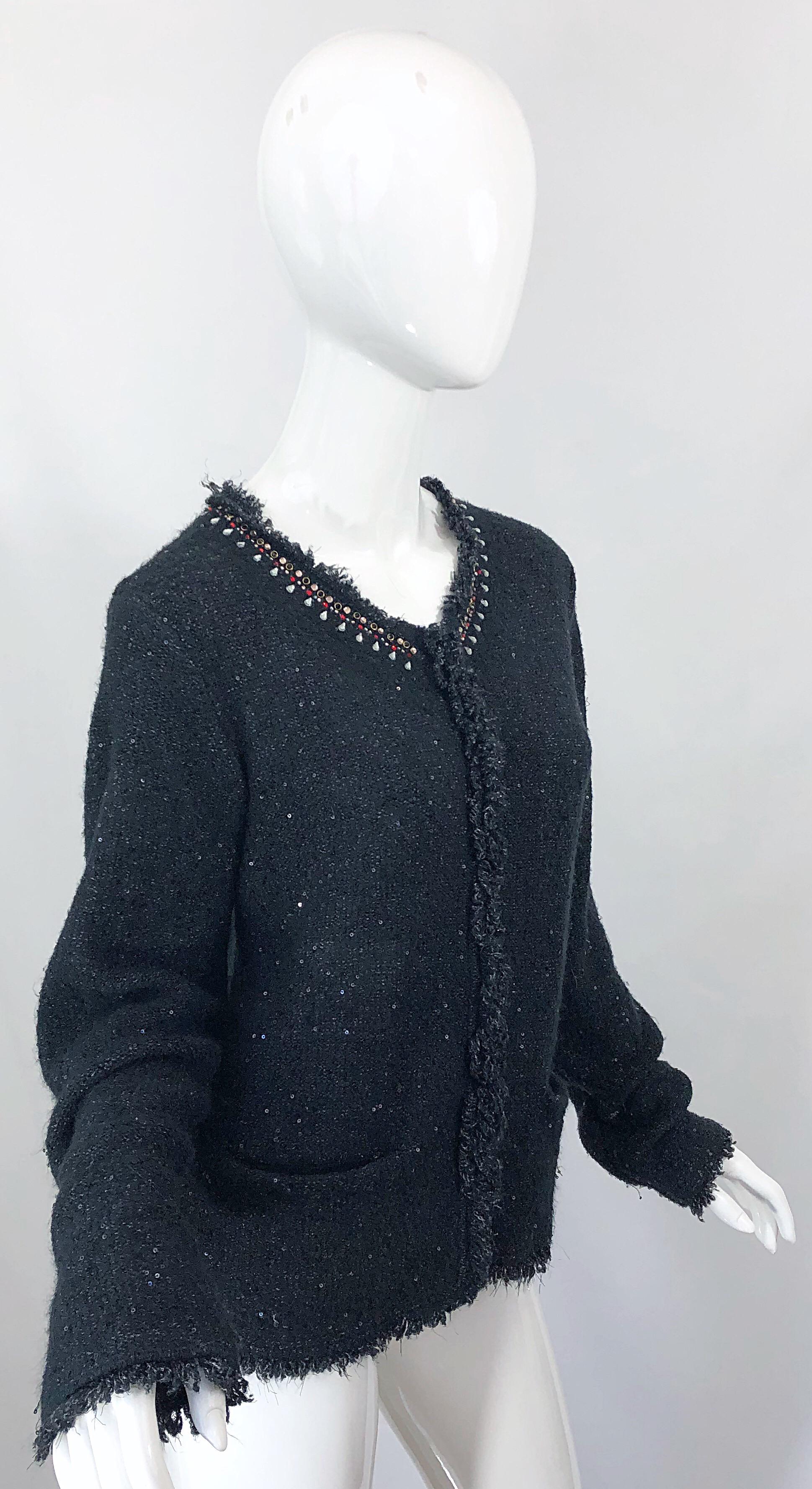 1990s Donna Karan XL Sequined Beaded Rhinestone Vintage Black Cardigan Sweater For Sale 8
