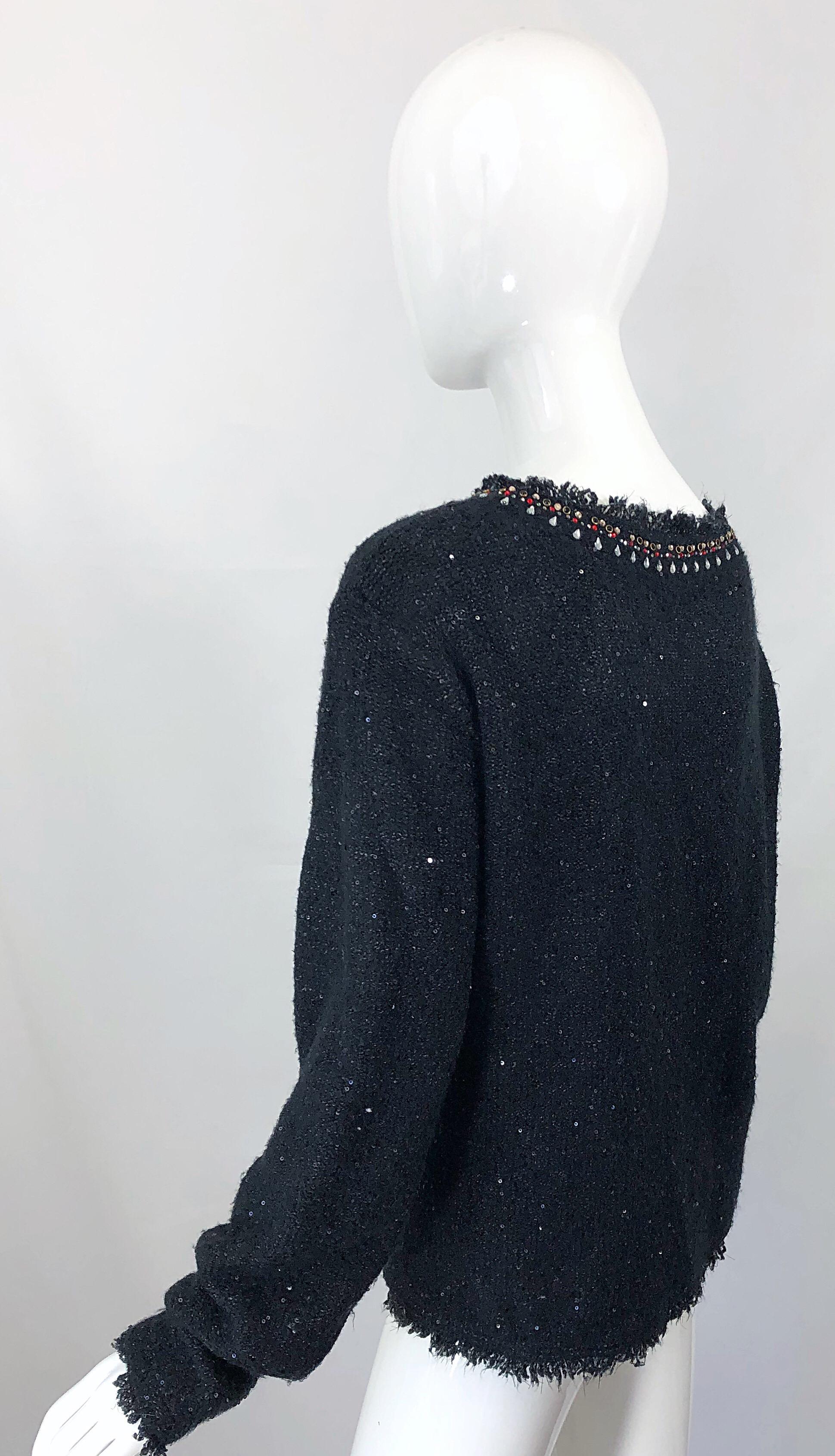 1990s Donna Karan XL Sequined Beaded Rhinestone Vintage Black Cardigan Sweater For Sale 9