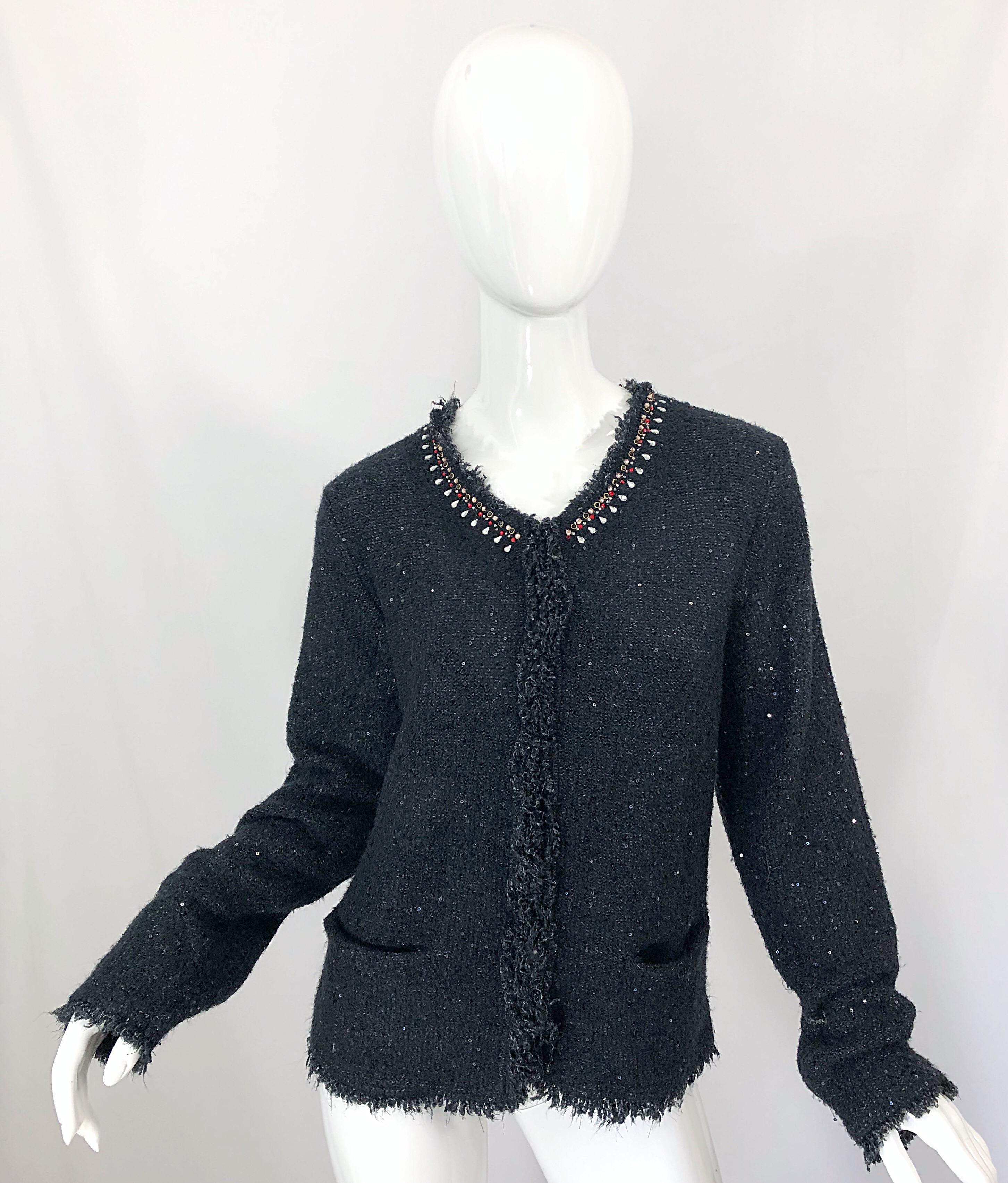 1990s Donna Karan XL Sequined Beaded Rhinestone Vintage Black Cardigan Sweater For Sale 10