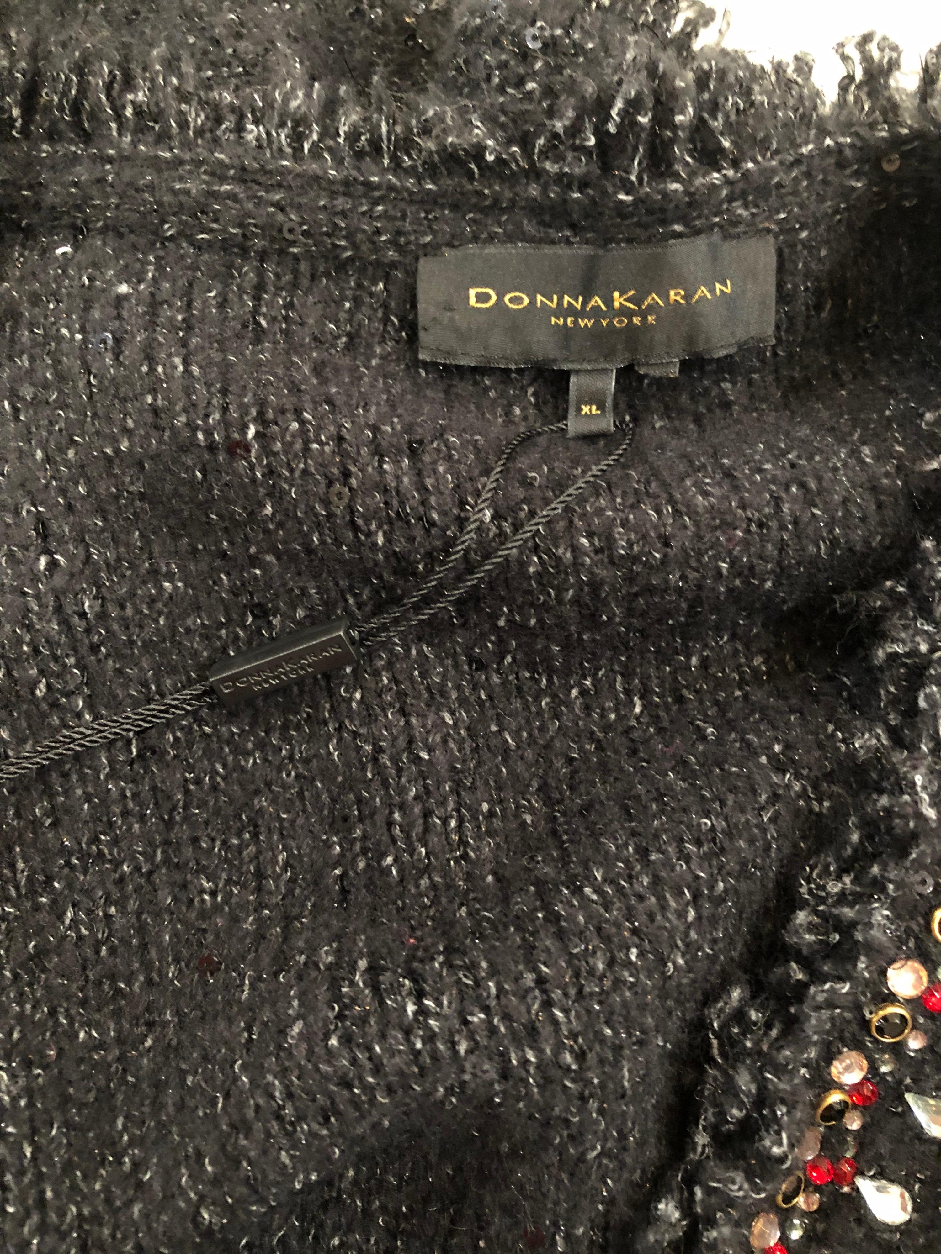 1990s Donna Karan XL Sequined Beaded Rhinestone Vintage Black Cardigan Sweater For Sale 11