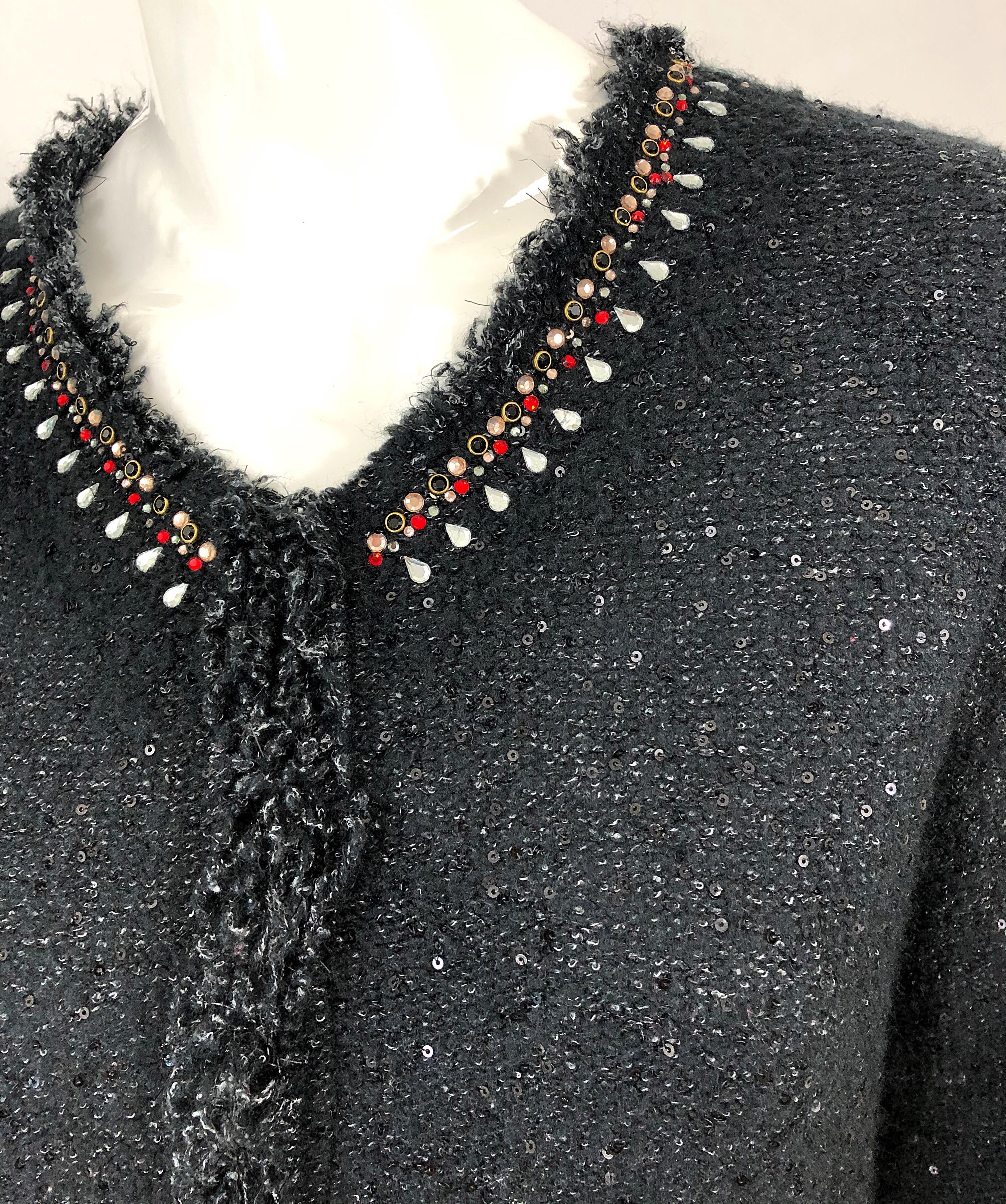 Noir Donna Karan - Pull cardigan noir vintage à perles et strass, à paillettes, XL, années 1990 en vente