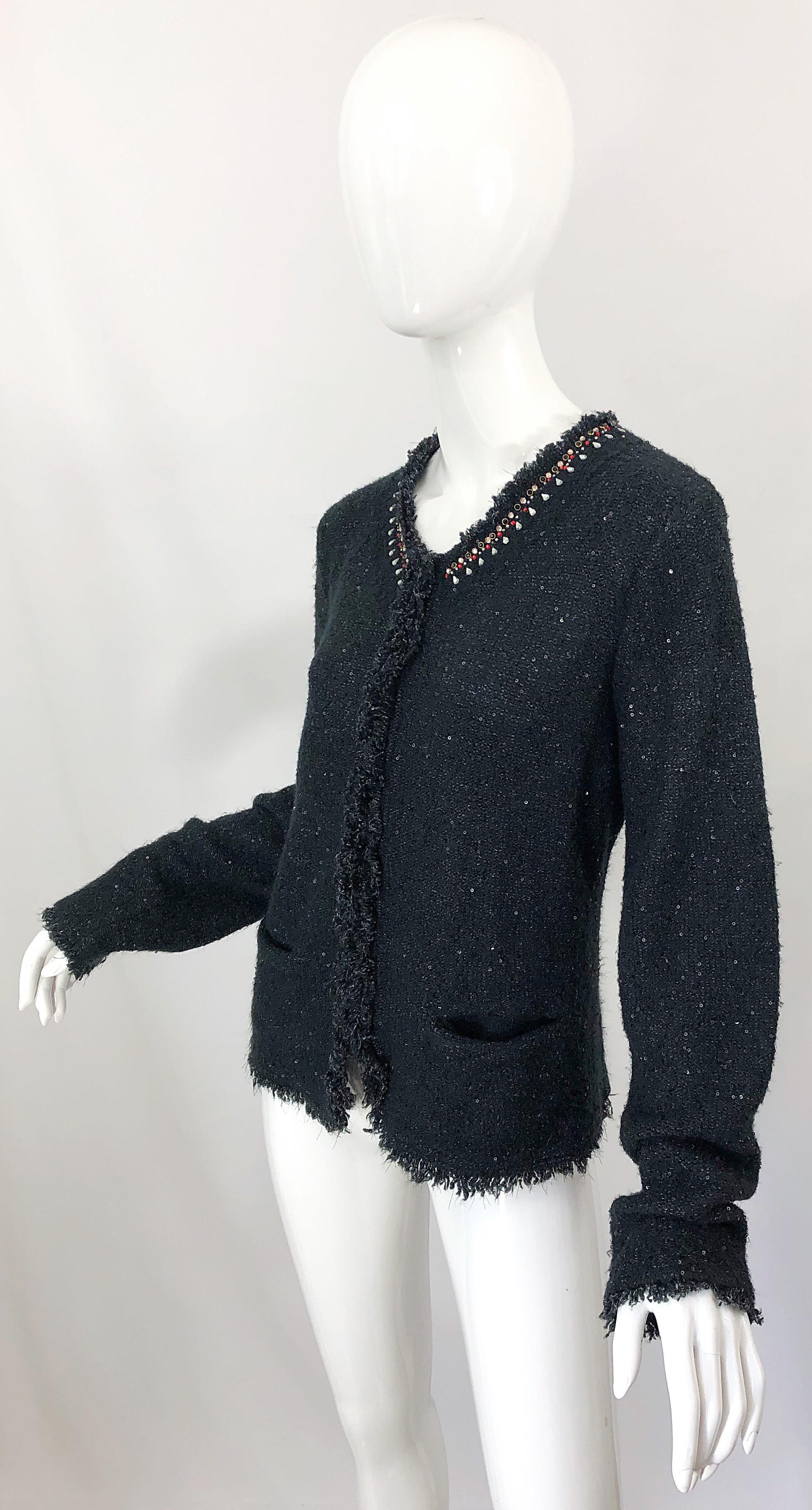 Donna Karan - Pull cardigan noir vintage à perles et strass, à paillettes, XL, années 1990 Pour femmes en vente
