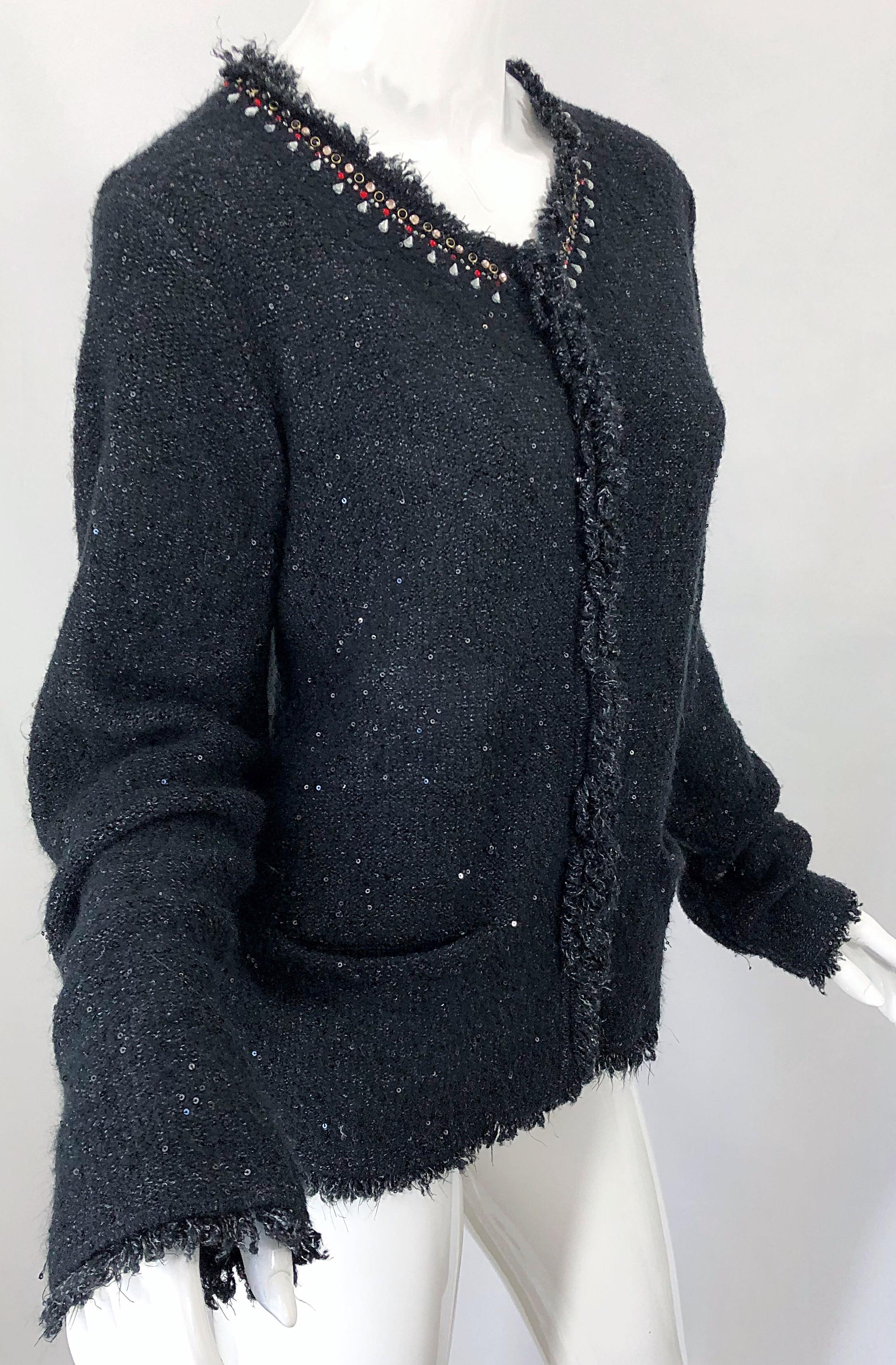 1990s Donna Karan XL Sequined Beaded Rhinestone Vintage Black Cardigan Sweater For Sale 1