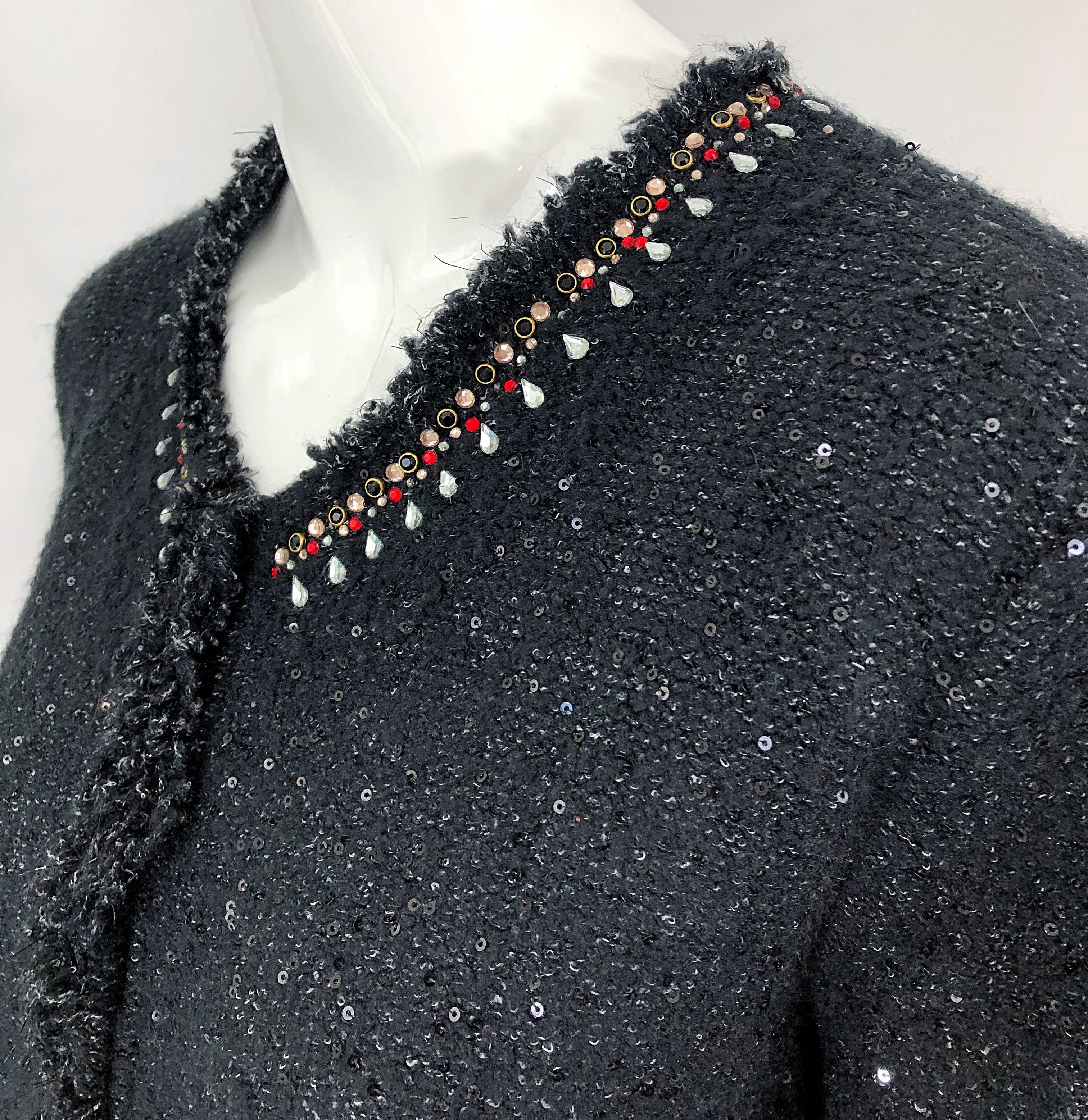 Donna Karan - Pull cardigan noir vintage à perles et strass, à paillettes, XL, années 1990 en vente 4