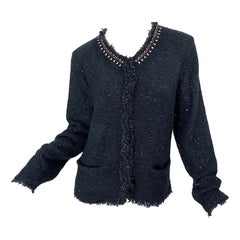 1990s Donna Karan XL Sequined Beaded Rhinestone Vintage Black Cardigan Sweater