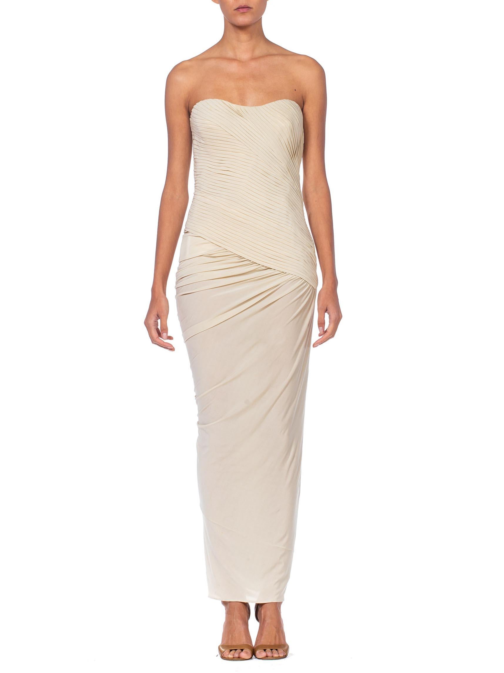 1990's Donna Karen Strapless Oyster White Jersey Gown With Built In Bustier In Excellent Condition In New York, NY