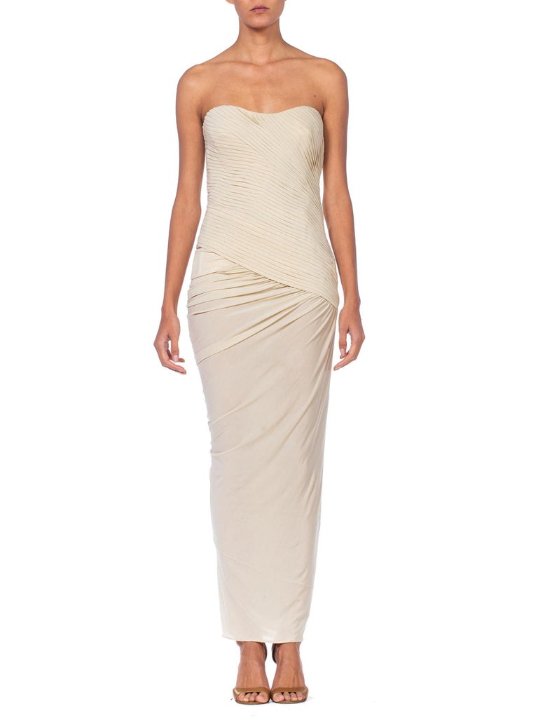 1990's Donna Karen Strapless Oyster White Jersey Gown With Built In ...