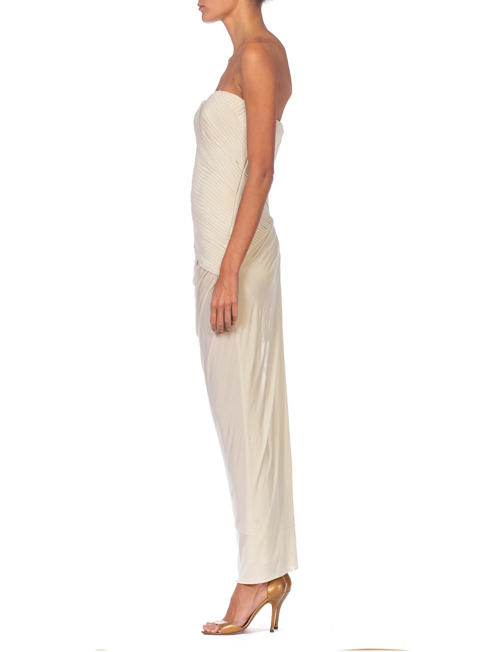 Women's 1990's Donna Karen Strapless Oyster White Jersey Gown With Built In Bustier