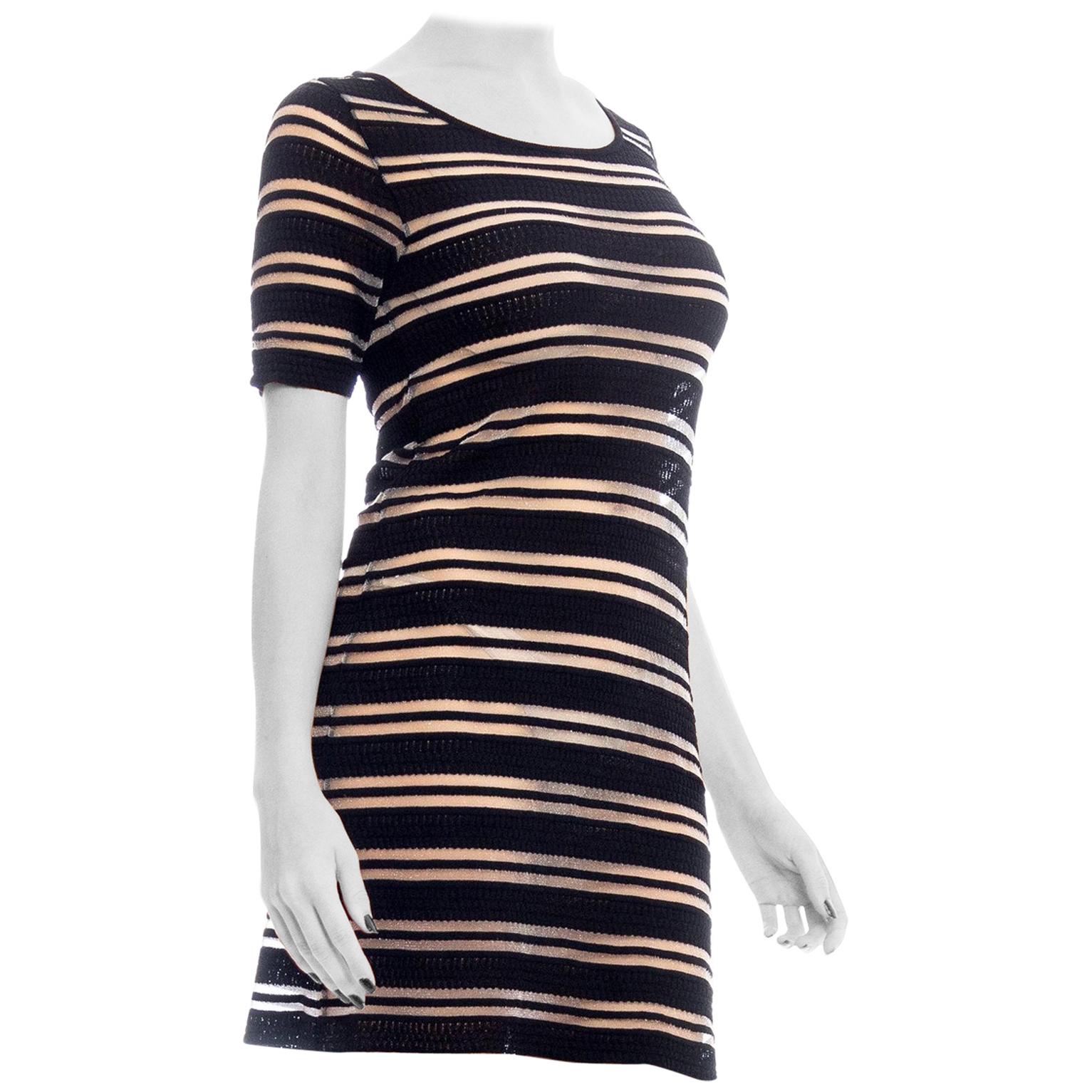 1990S DOROTHEE BIS Black & Silver Metallic Sheer Stripe Knit Dress For Sale