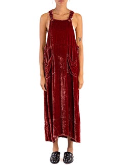1990S Dusty Rose Silk & Rayon Crushed Velvet Overalls Style Dress With Large Bu