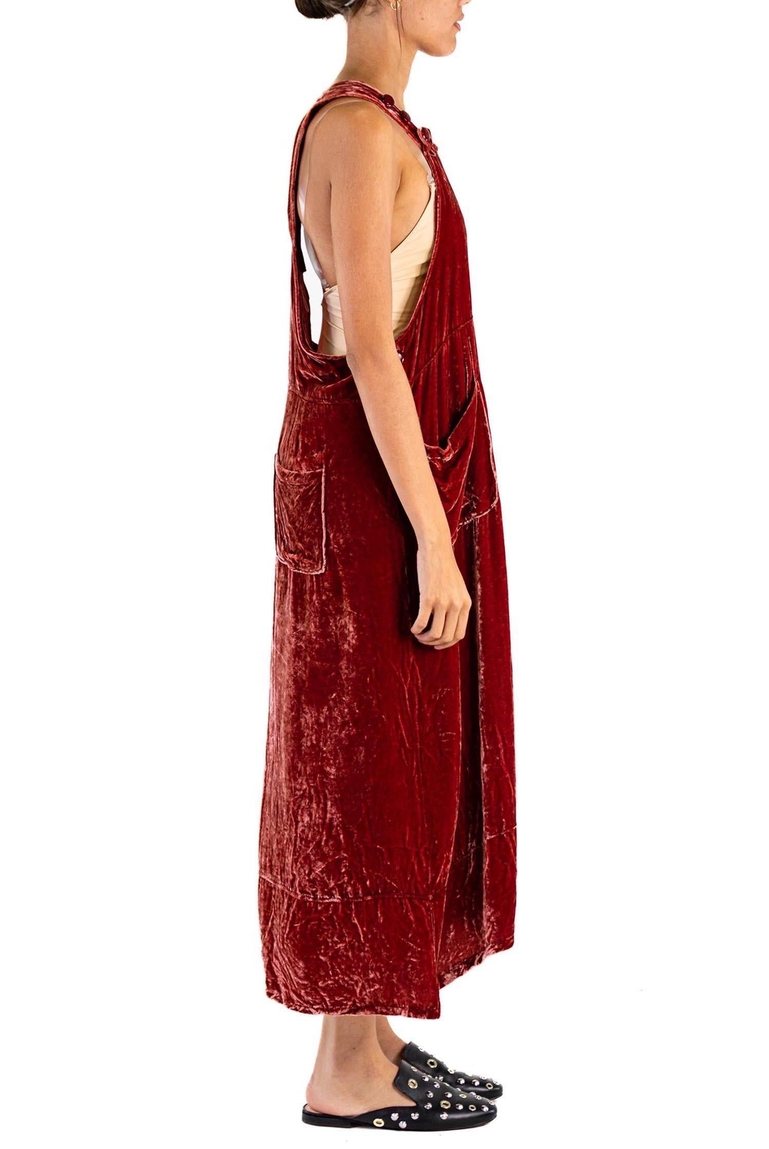 Women's 1990S Dusty Rose Silk & Rayon Crushed Velvet Overalls Style Dress With Large Bu For Sale