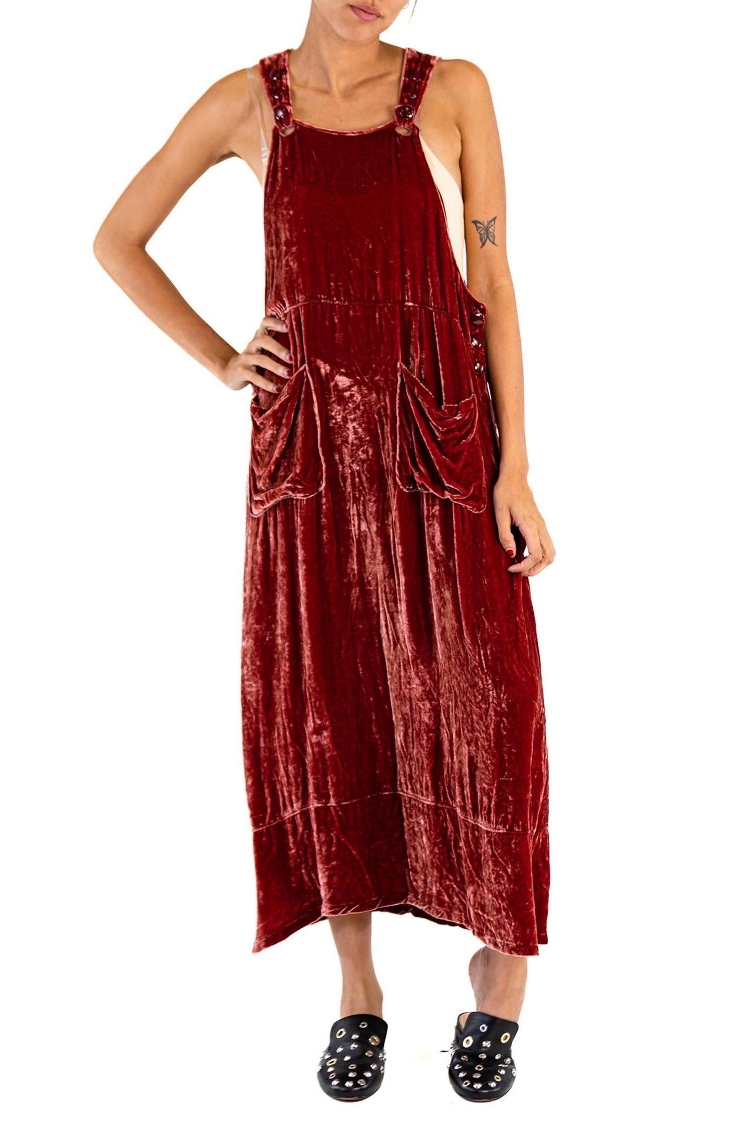 1990S Dusty Rose Silk & Rayon Crushed Velvet Overalls Style Dress With Large Bu For Sale 3