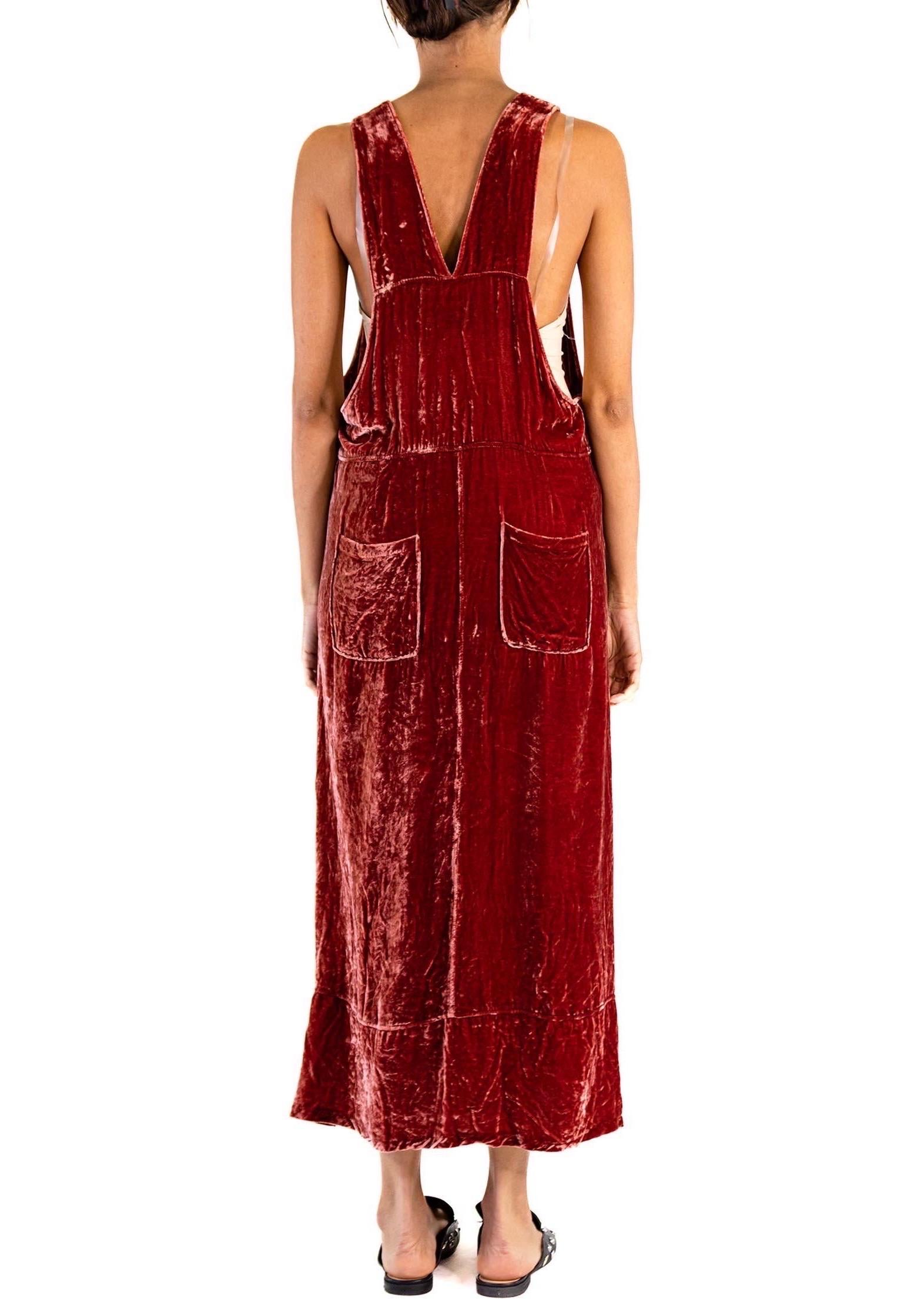 1990S Dusty Rose Silk & Rayon Crushed Velvet Overalls Style Dress With Large Bu For Sale 4