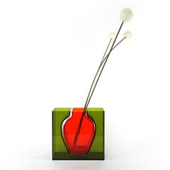 1990s Dutch Design Plexiglass Red Vase Within a Green Vase