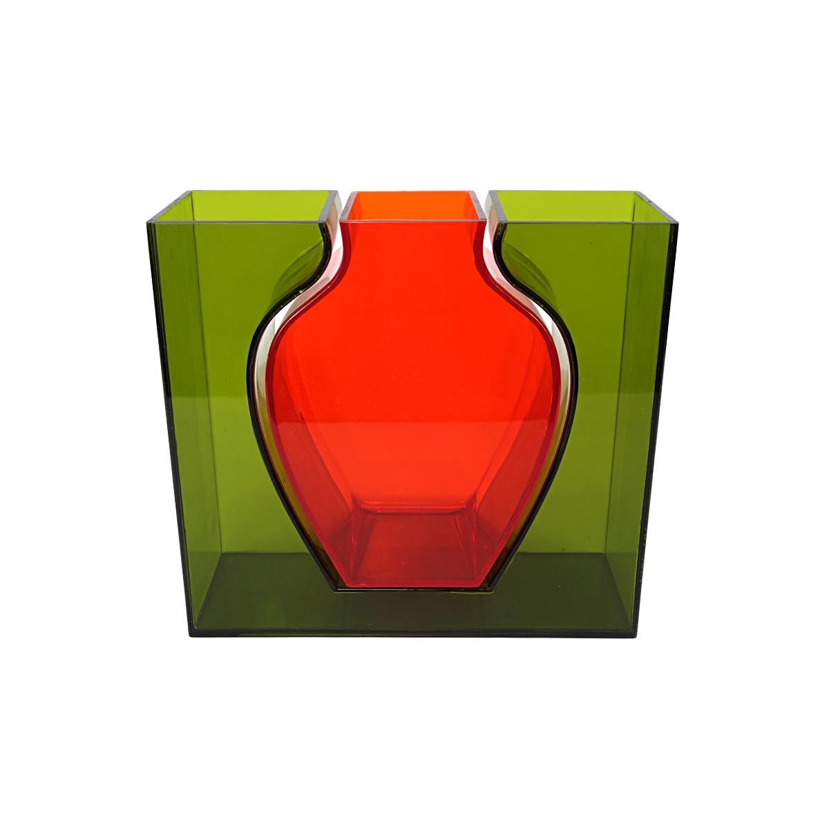 Modern 1990s Dutch Design Plexiglass Red Vase Within a Green Vase For Sale