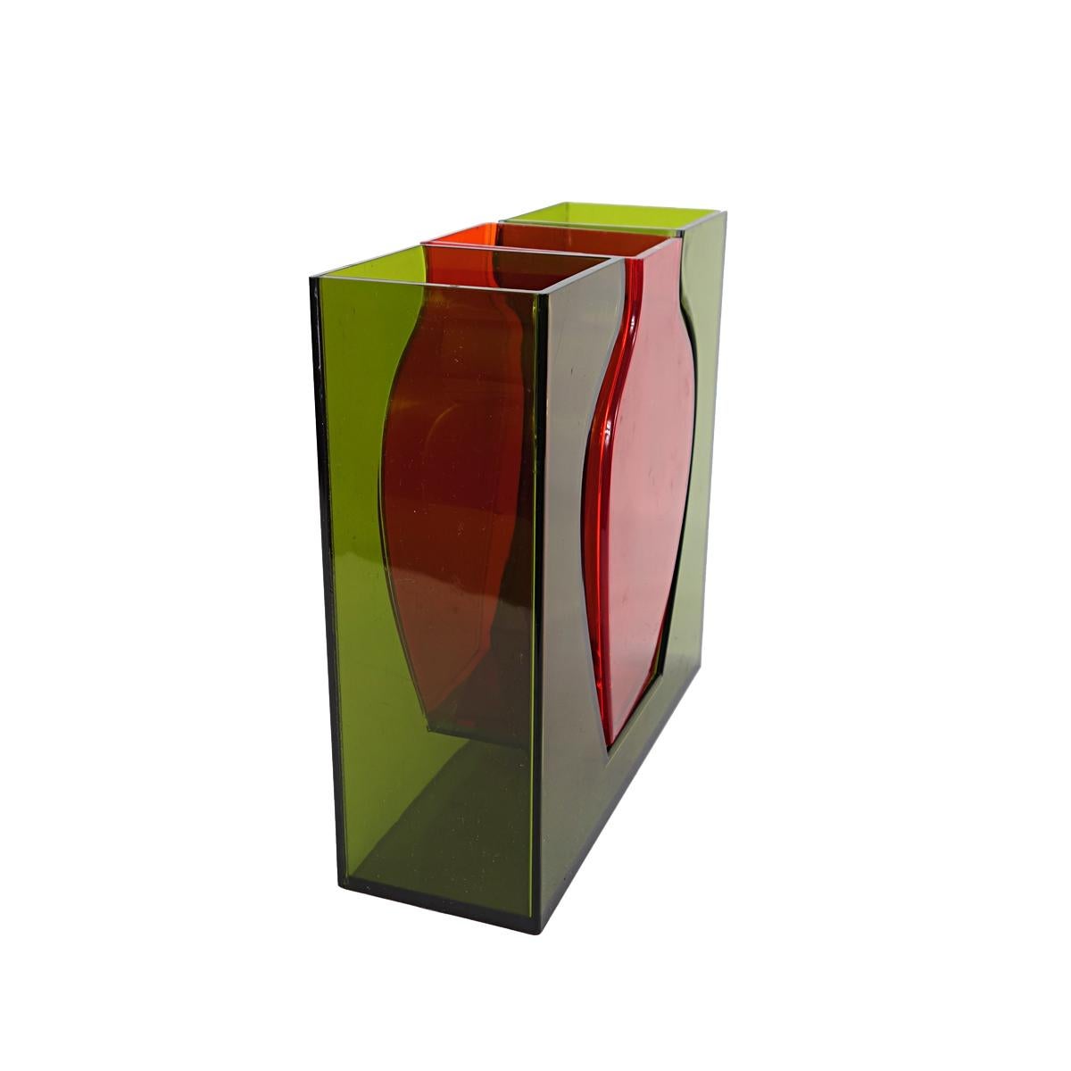 1990s Dutch Design Plexiglass Red Vase Within a Green Vase For Sale 1