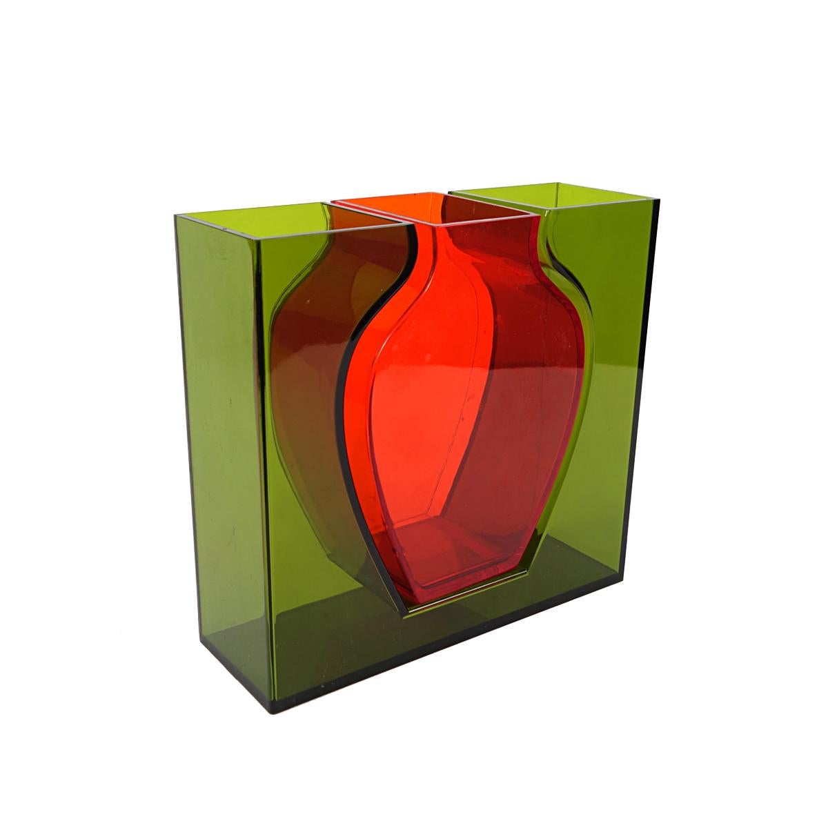 1990s Dutch Design Plexiglass Red Vase Within a Green Vase For Sale 2