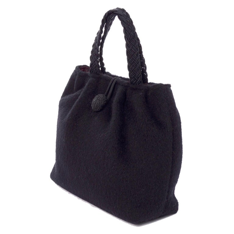 1990s Early Kate Spade Black Mohair Wool Handbag With Double Braided