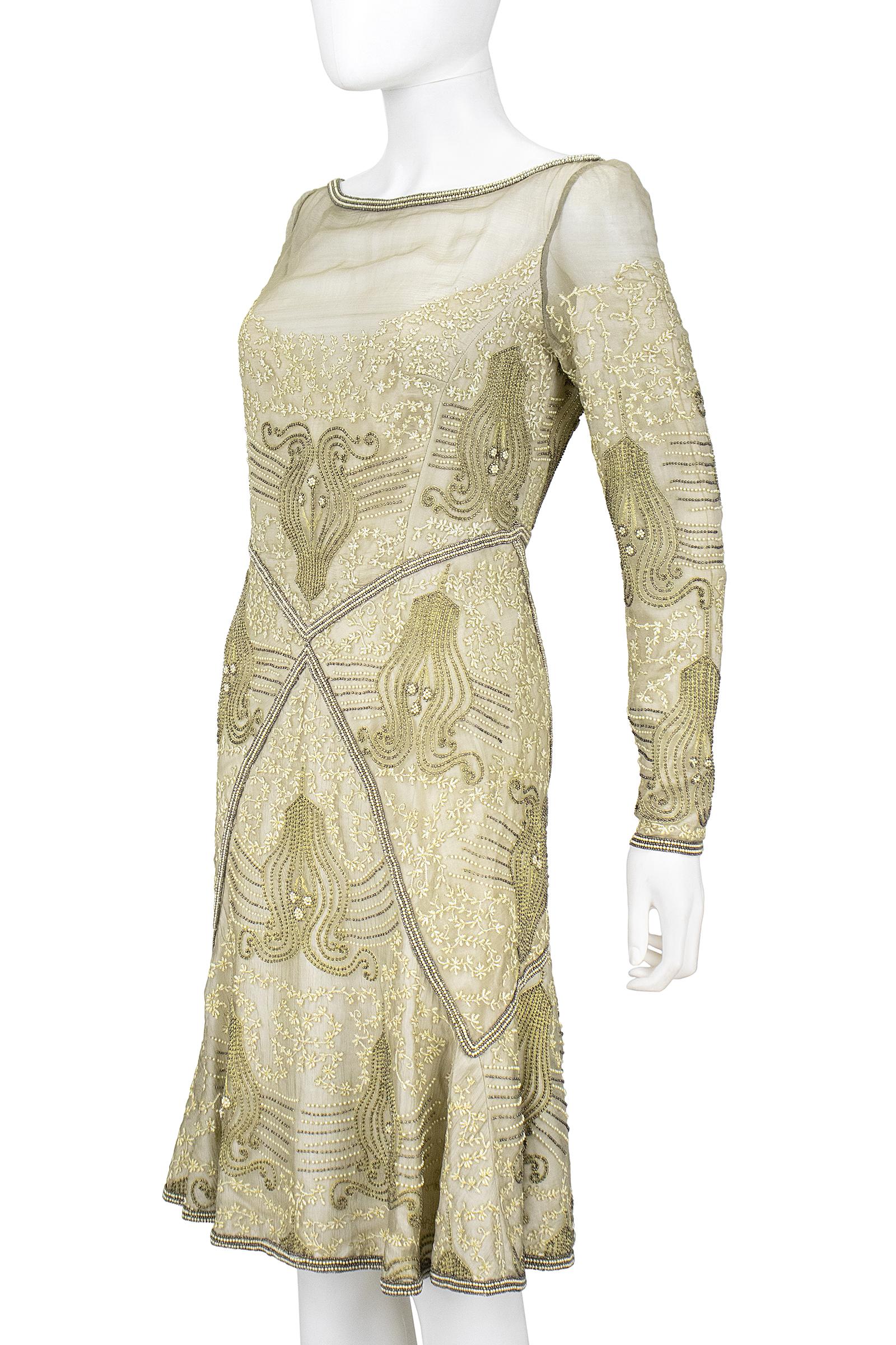 Beige Eavis & Brown London Bronze Gold Beaded Silk Chiffon Cocktail Dress