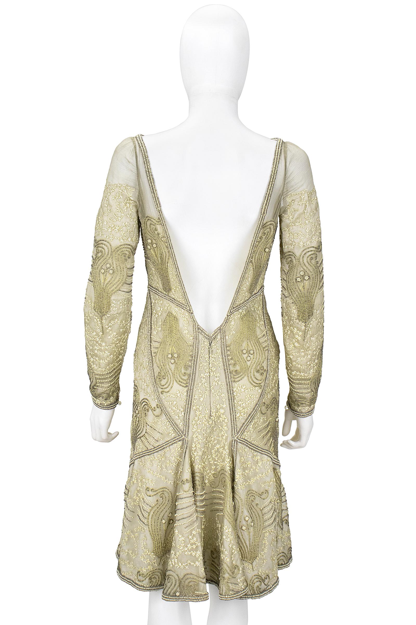 Eavis & Brown London Bronze Gold Beaded Silk Chiffon Cocktail Dress For Sale 1
