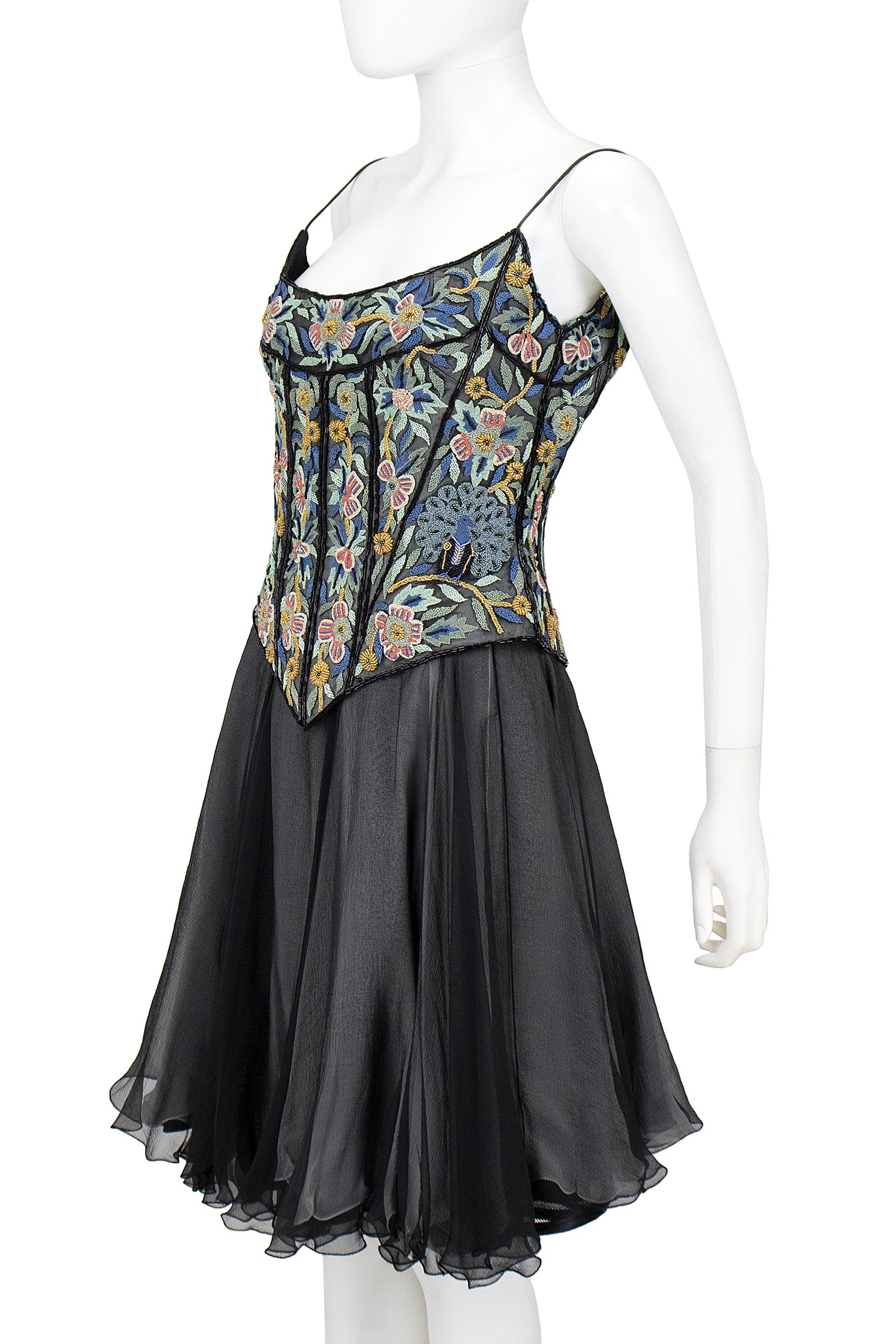 1990s Eavis & Brown London Floral Peacock Beaded Corset and Chiffon Skirt For Sale 1