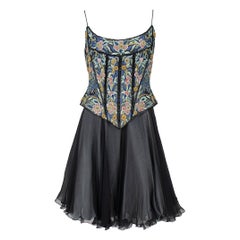 1990s Eavis & Brown London Floral Peacock Beaded Corset and Chiffon Skirt