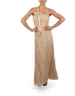 1990S Ecru & Ivory Silk Cord Embroidered Tulle Gown