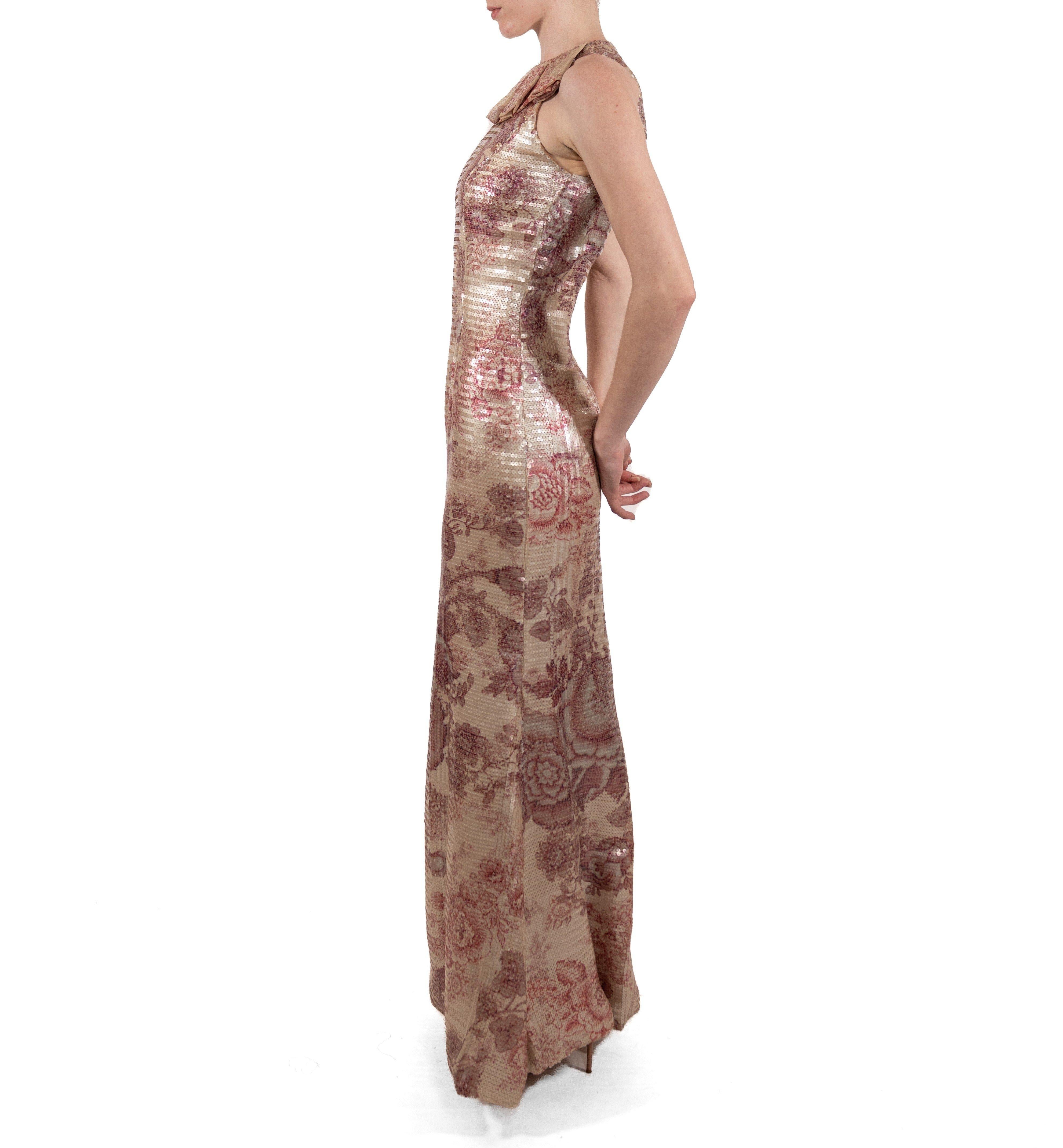 Abito con colletto a balze floreale in organza di seta con paillettes 1990S Ecru In condizioni buone in vendita a New York, NY