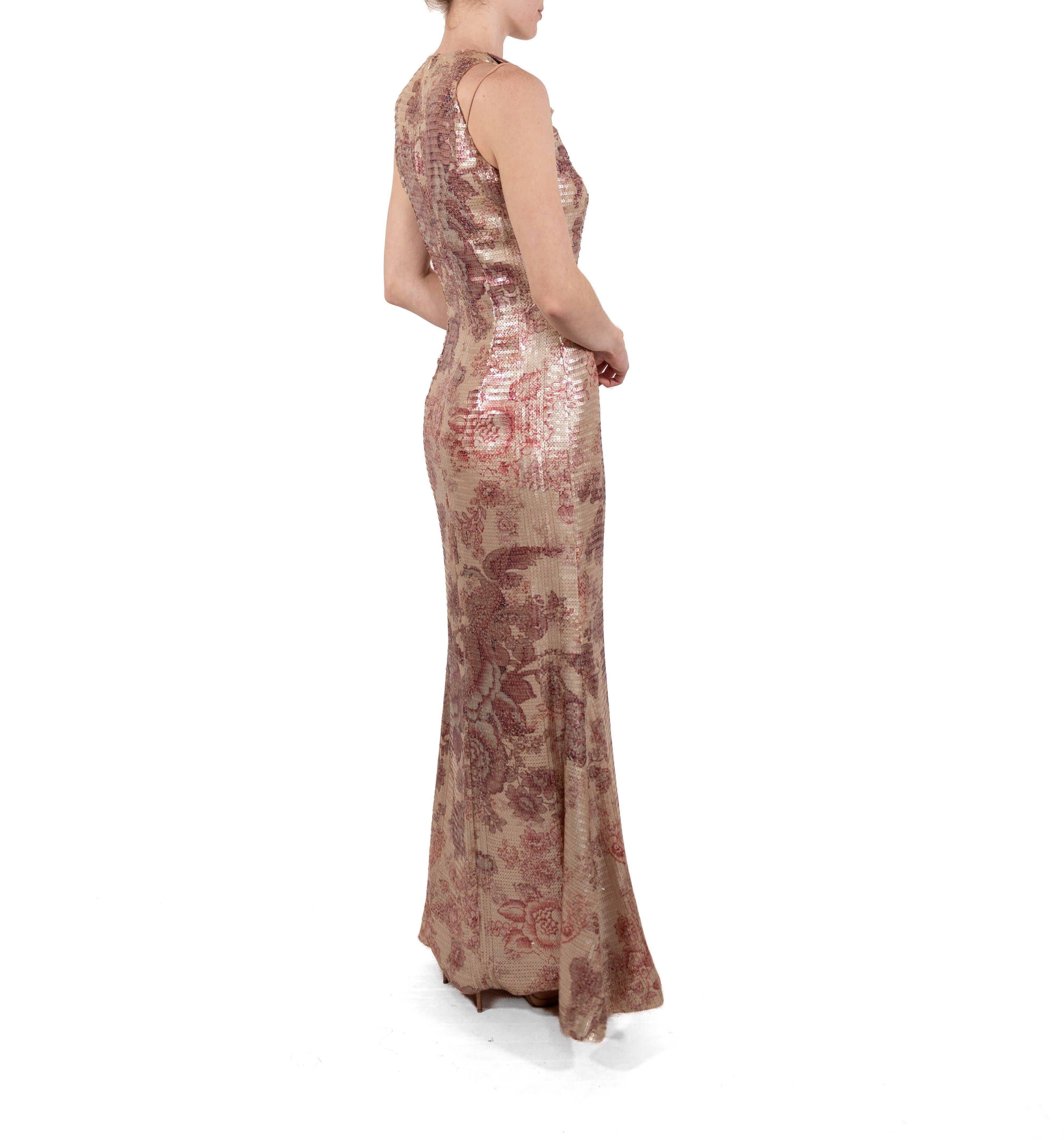 Abito con colletto a balze floreale in organza di seta con paillettes 1990S Ecru in vendita 2