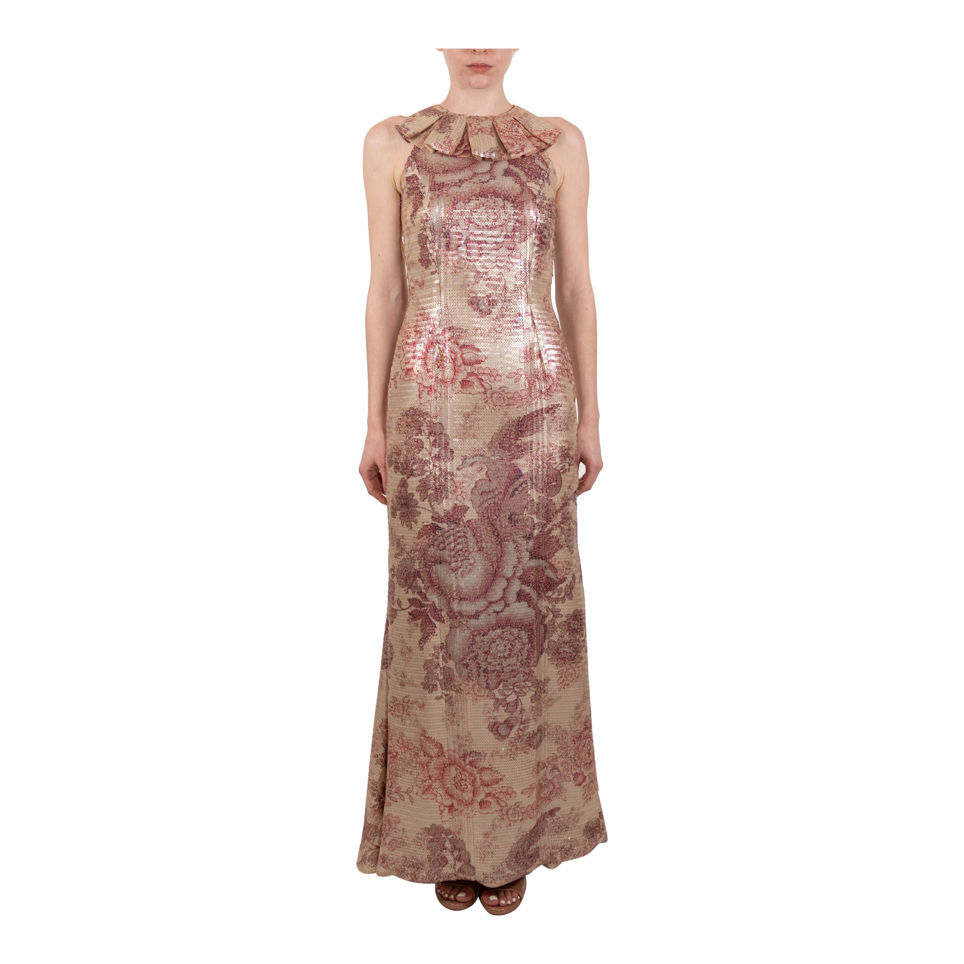 Abito con colletto a balze floreale in organza di seta con paillettes 1990S Ecru in vendita