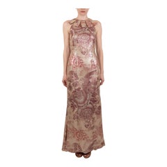 1990S Ecru Sequined Silk Organza Floral Ruffle Collar Gown