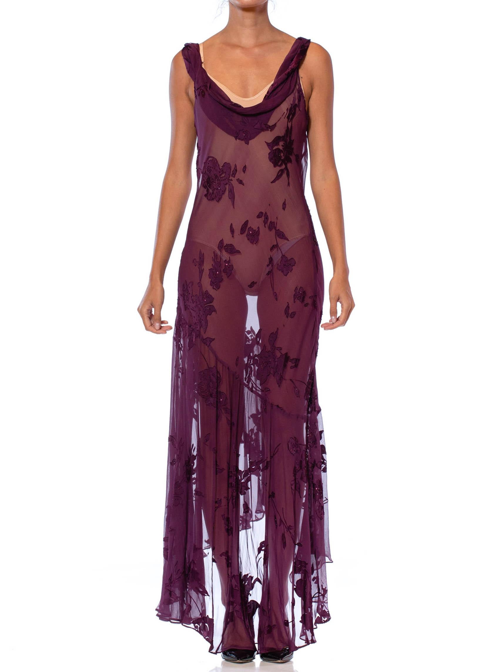 1990S Eggplant Purple Bias Cut Silk Burnout Chiffon Cowl Neck Slip Dress With Touches Of Beading