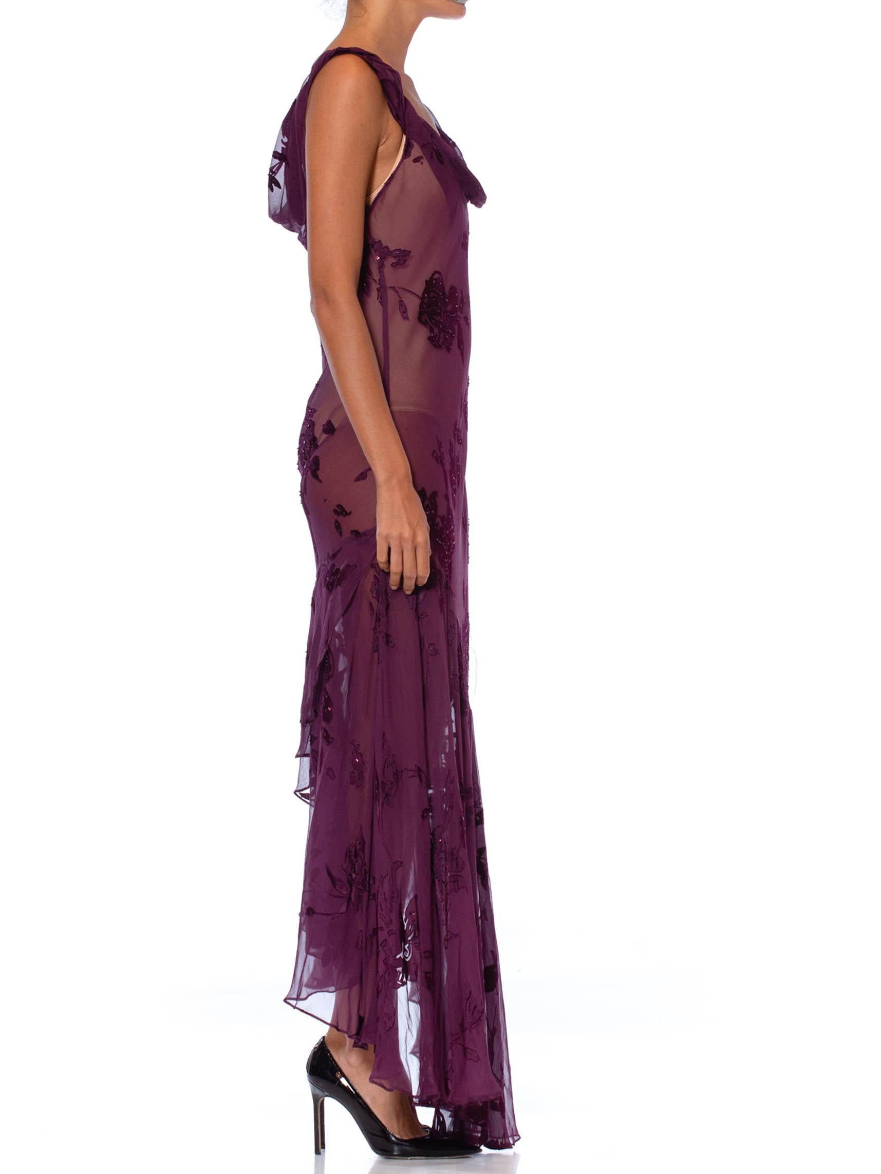 1990S Eggplant Purple Bias Cut Silk Burnout Chiffon Cowl Neck Slip Dress With T In Excellent Condition In New York, NY