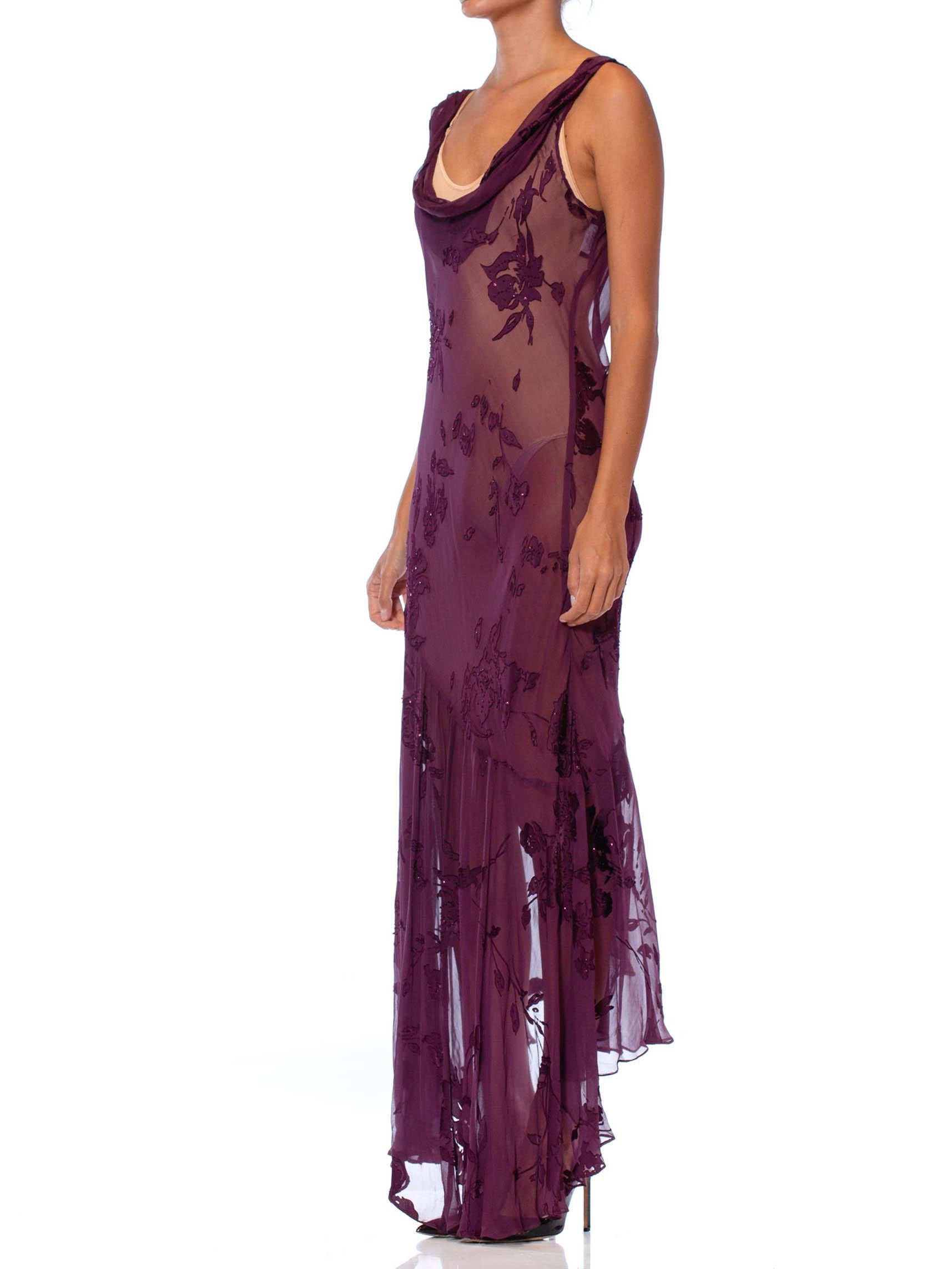 Women's 1990S Eggplant Purple Bias Cut Silk Burnout Chiffon Cowl Neck Slip Dress With T