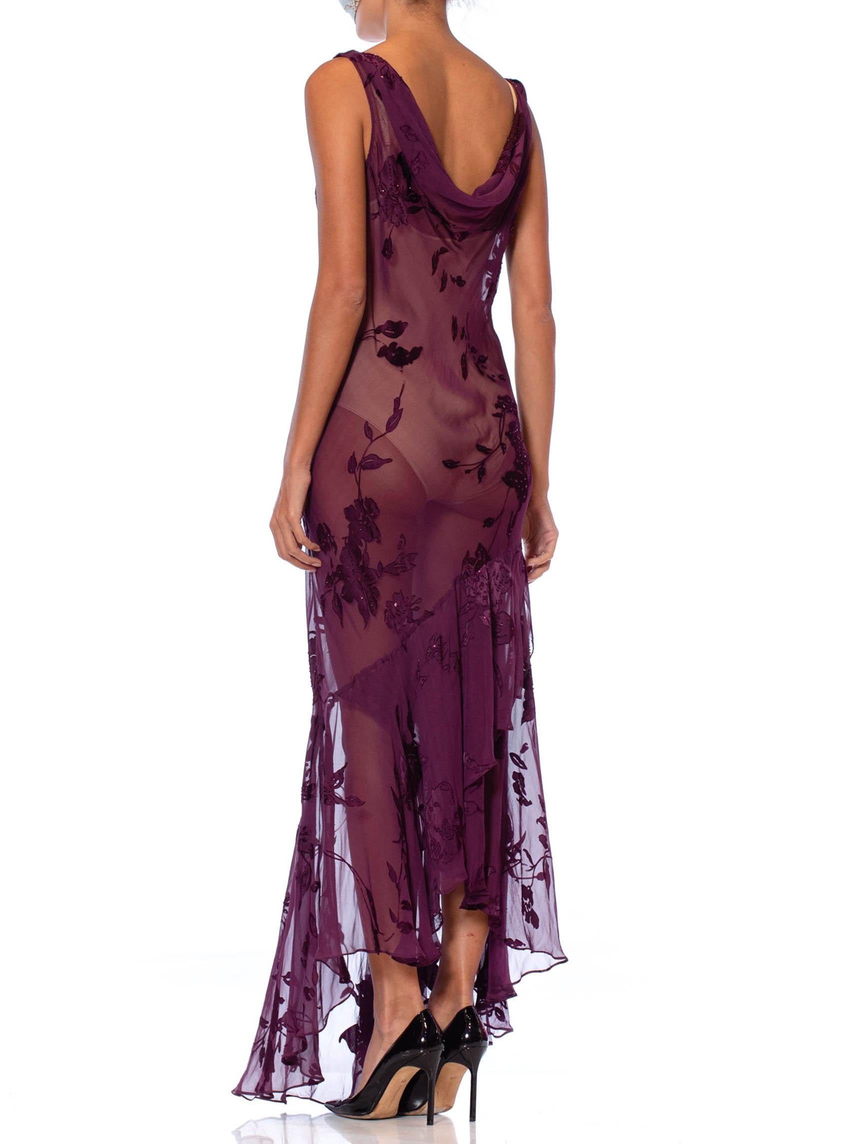 1990S Eggplant Purple Bias Cut Silk Burnout Chiffon Cowl Neck Slip Dress With T 4