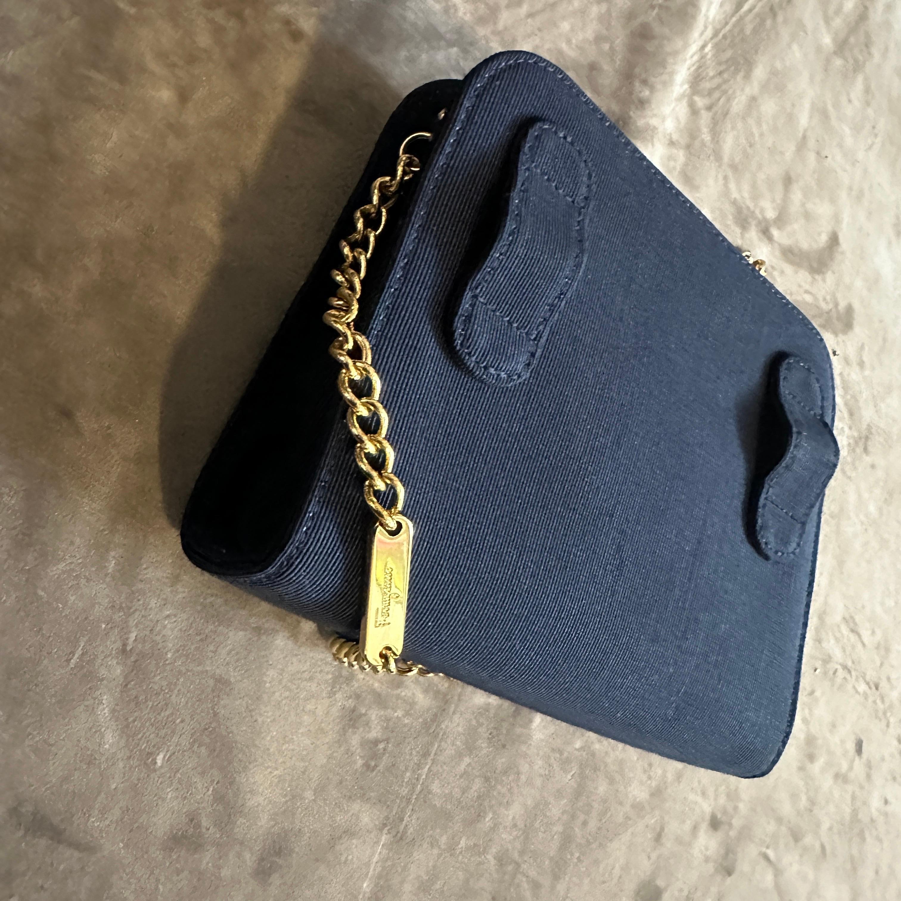 Nero 1990s elegant Blue Fabric and Brass Belt Hand Bag by Salvatore Ferragamo in vendita